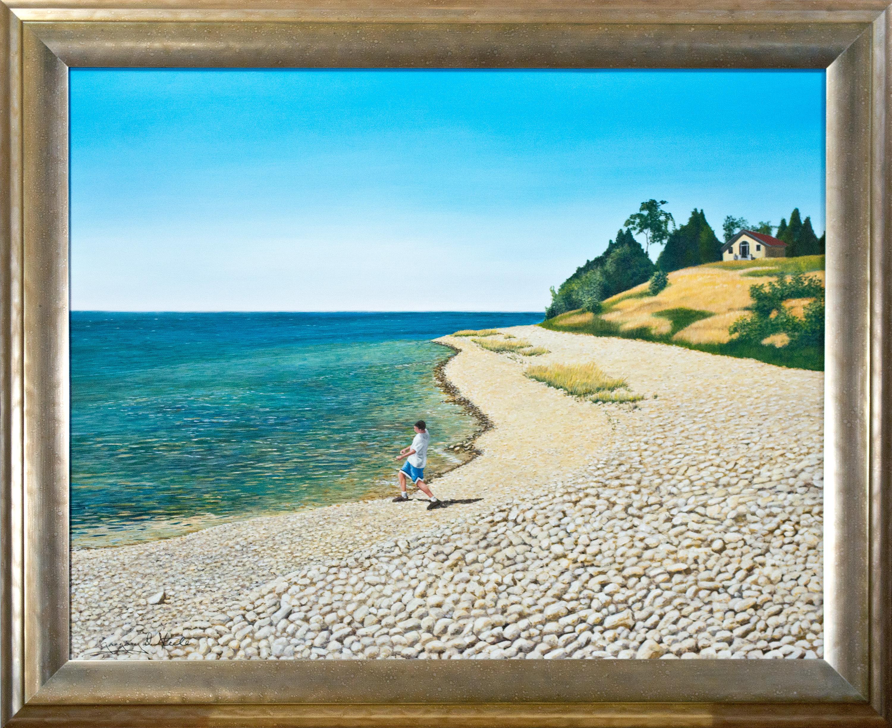 Figurative Painting Gregory Steele - "Stone Skipper," Peinture à l'huile originale du rivage du lac