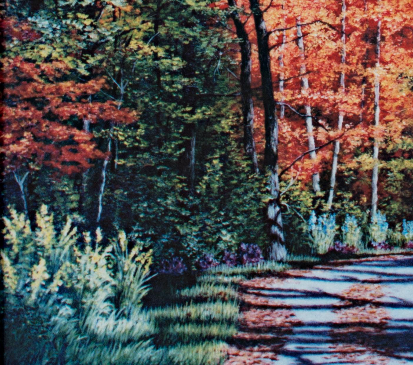 Contemporary landscape oil painting autumn road trees forest sky signed - Naturalistic Print by Gregory Steele