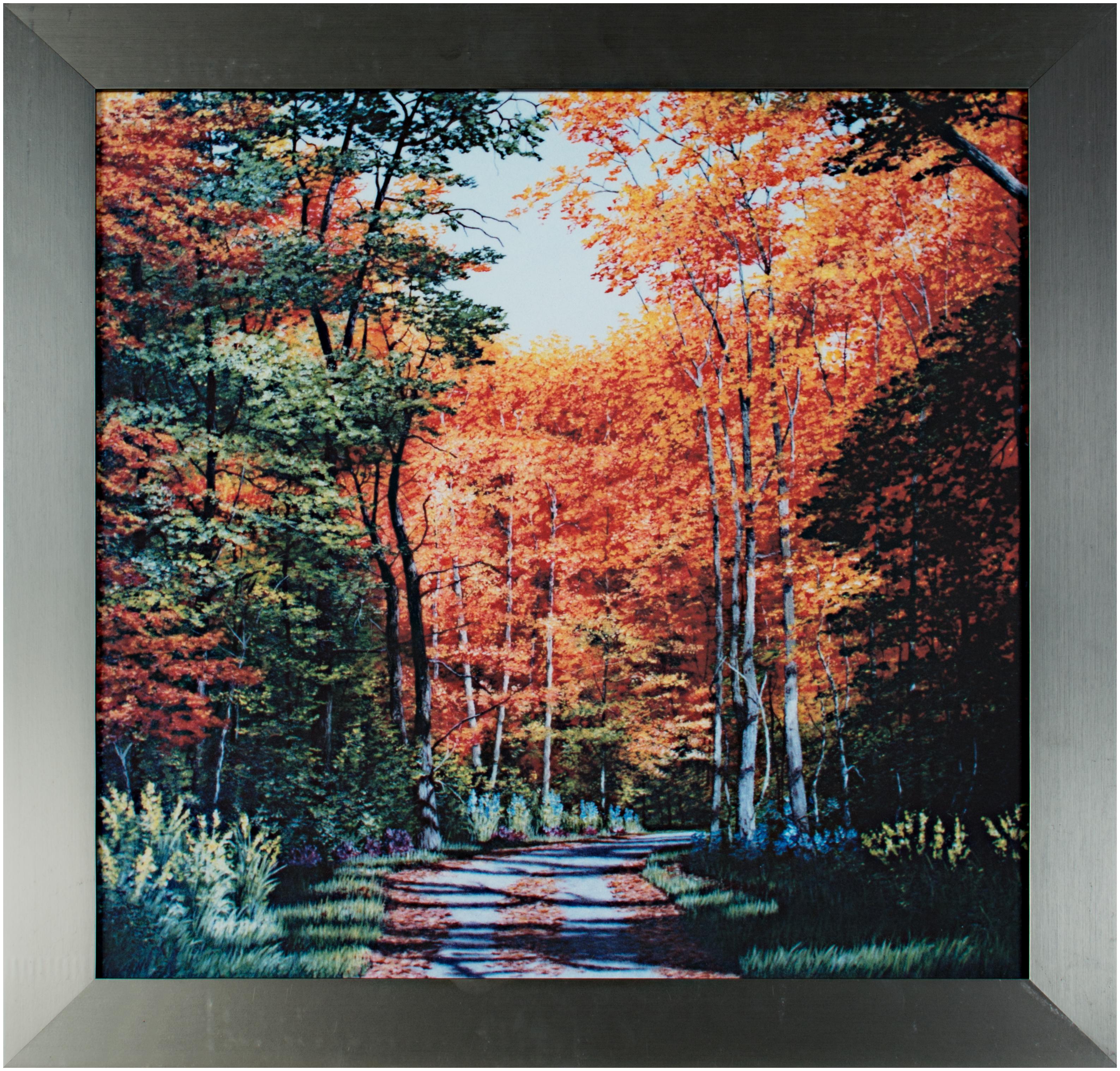 "Autumn in Wisconsin" is a giclée print on board. It is based after the original oil painting by Gregory D. Steele. This fall forest view looks down a small road. The leaves have gathered showing the tire marks. The foliage on the ground is still