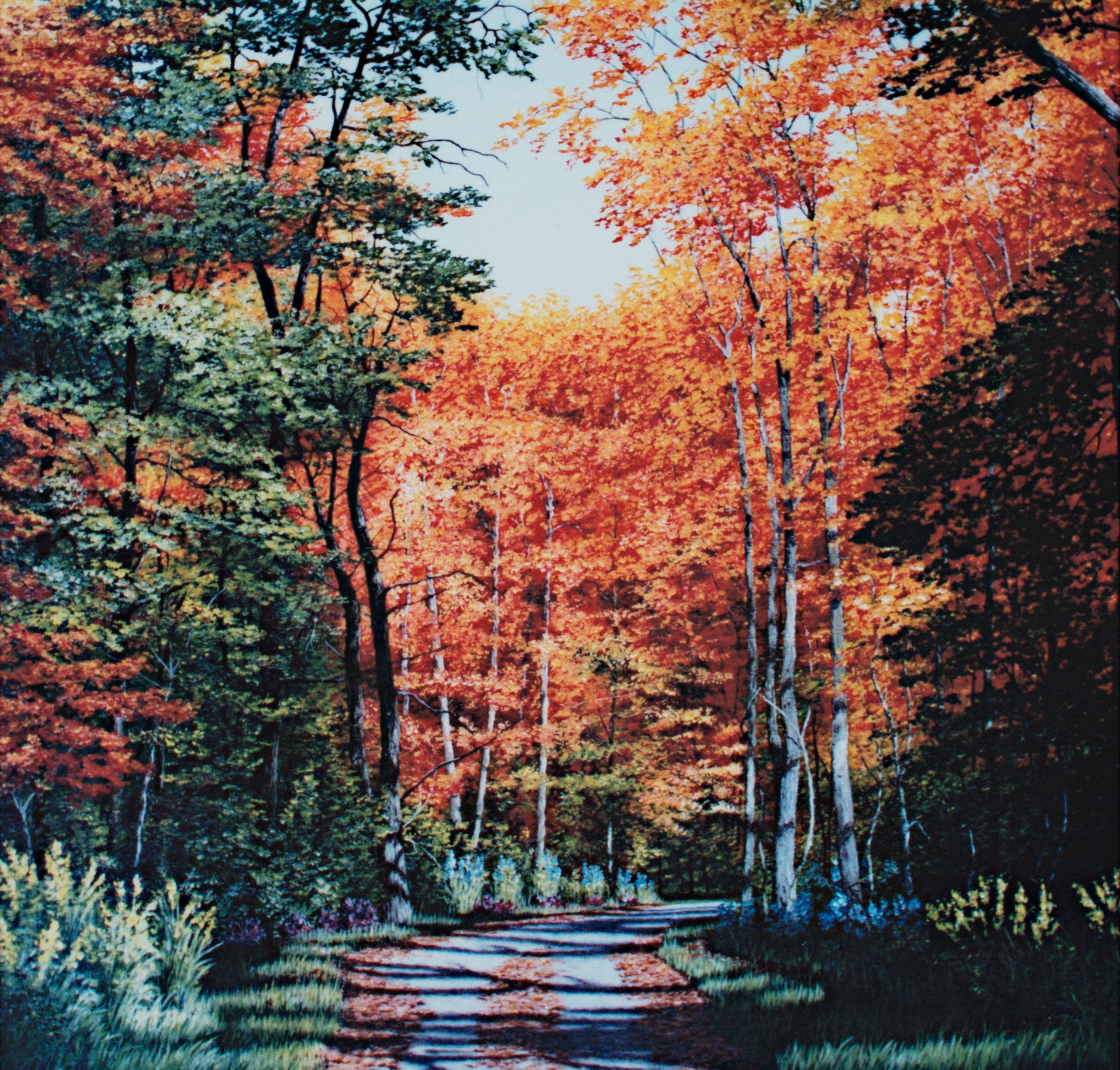 "Autumn in Wisconsin" is a giclee print on board after the original oil painting by Gregory D. Steele. This fall forest view looks down a small road. The leaves have gathered showing the tire marks. The foliage on the ground is still green but the