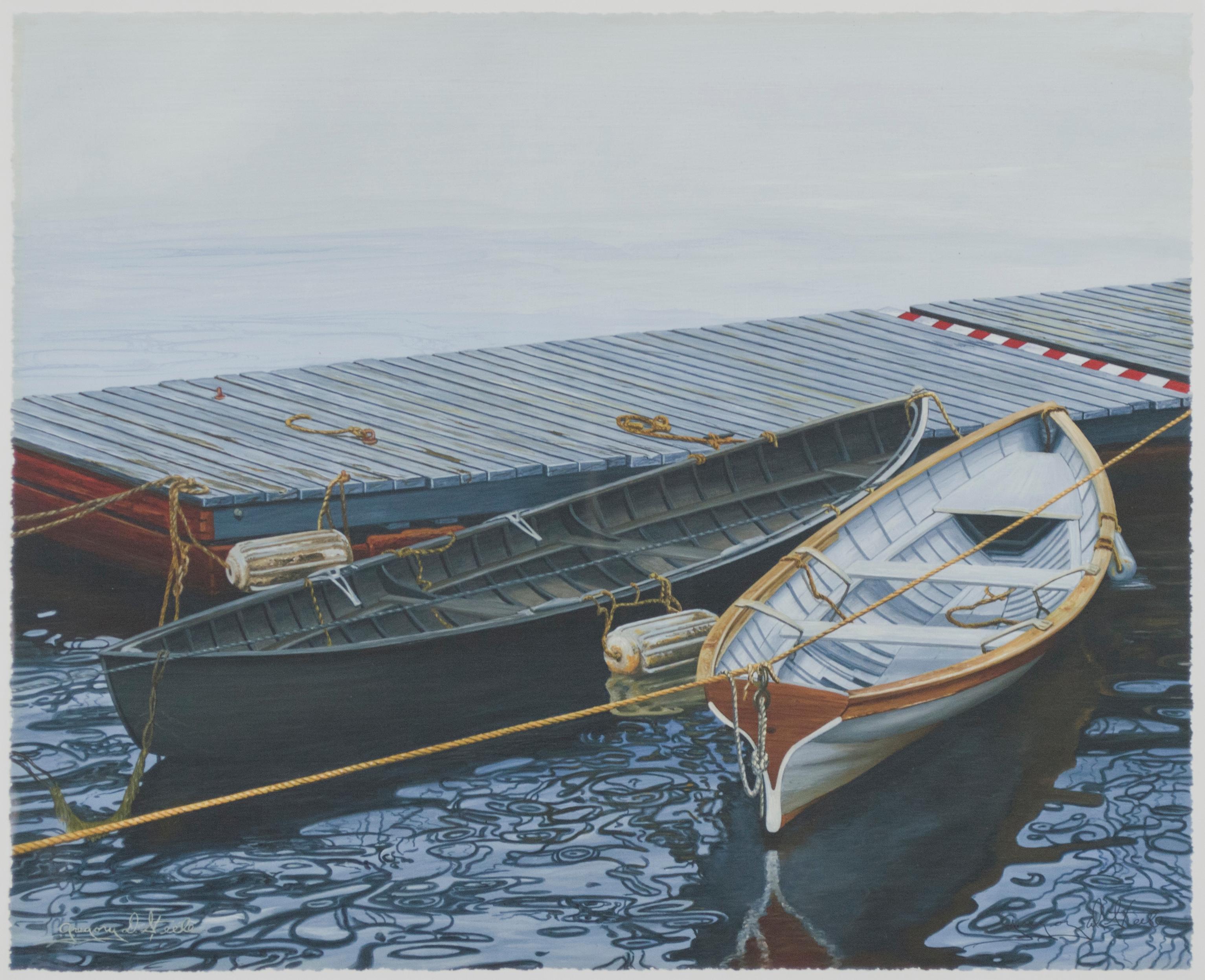 "Boats at Camdon" is a giclee print after 1998 oil painting by Gregory D. Steele. Steele presents here a highly naturalistic but quiet scene of a blue-green canoe and a white dinghy moored at a floating wooden dock. The water glistens with swirling