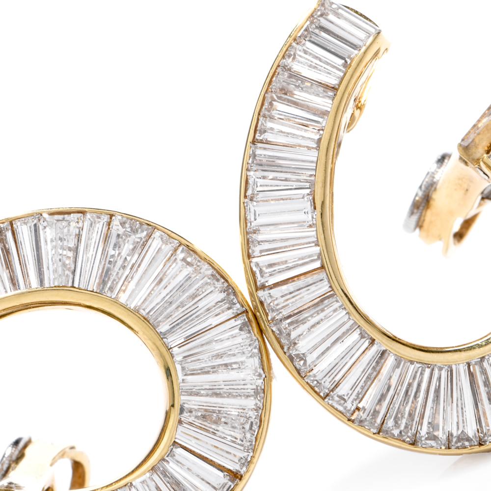 Gregory Stewart Tapered Baguette Diamond Yellow Gold Hoop Earrings In Excellent Condition In Miami, FL