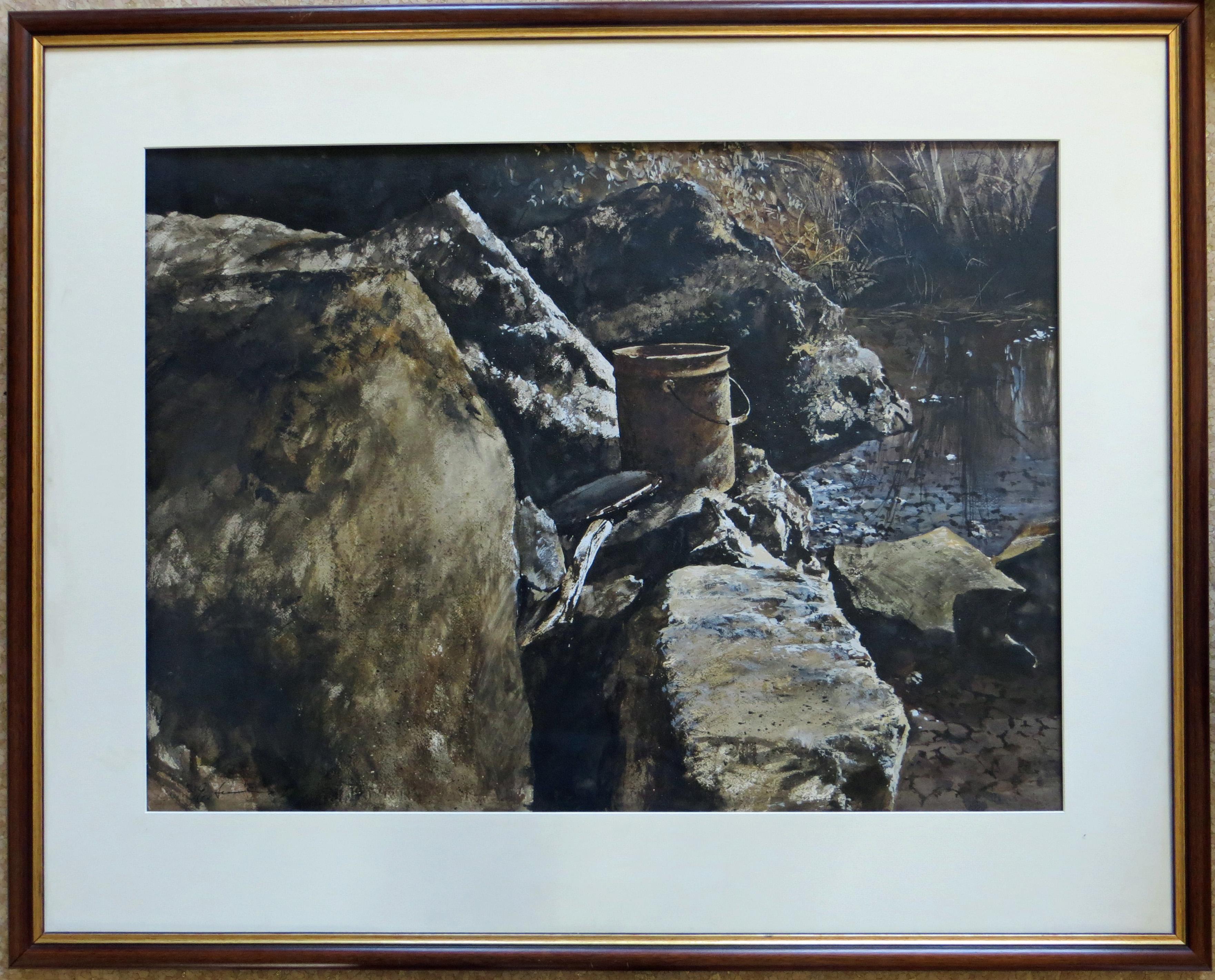 Pail, Boulders, Stream  -American Realism - Painting by Gregory Sumida