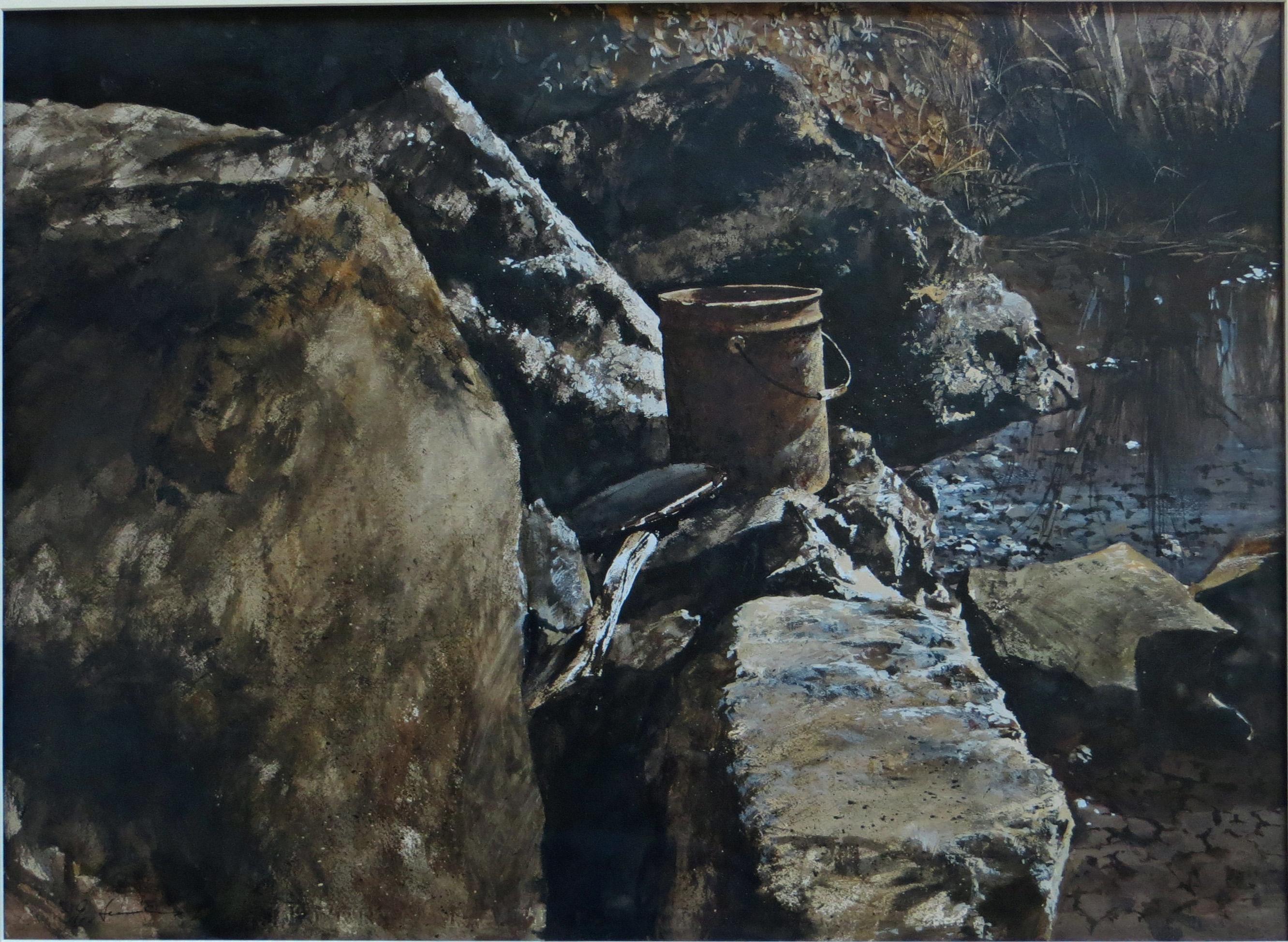 Gregory Sumida Landscape Painting – Pail, Boulders, Fluss, Strom  -amerikanischer Realismus
