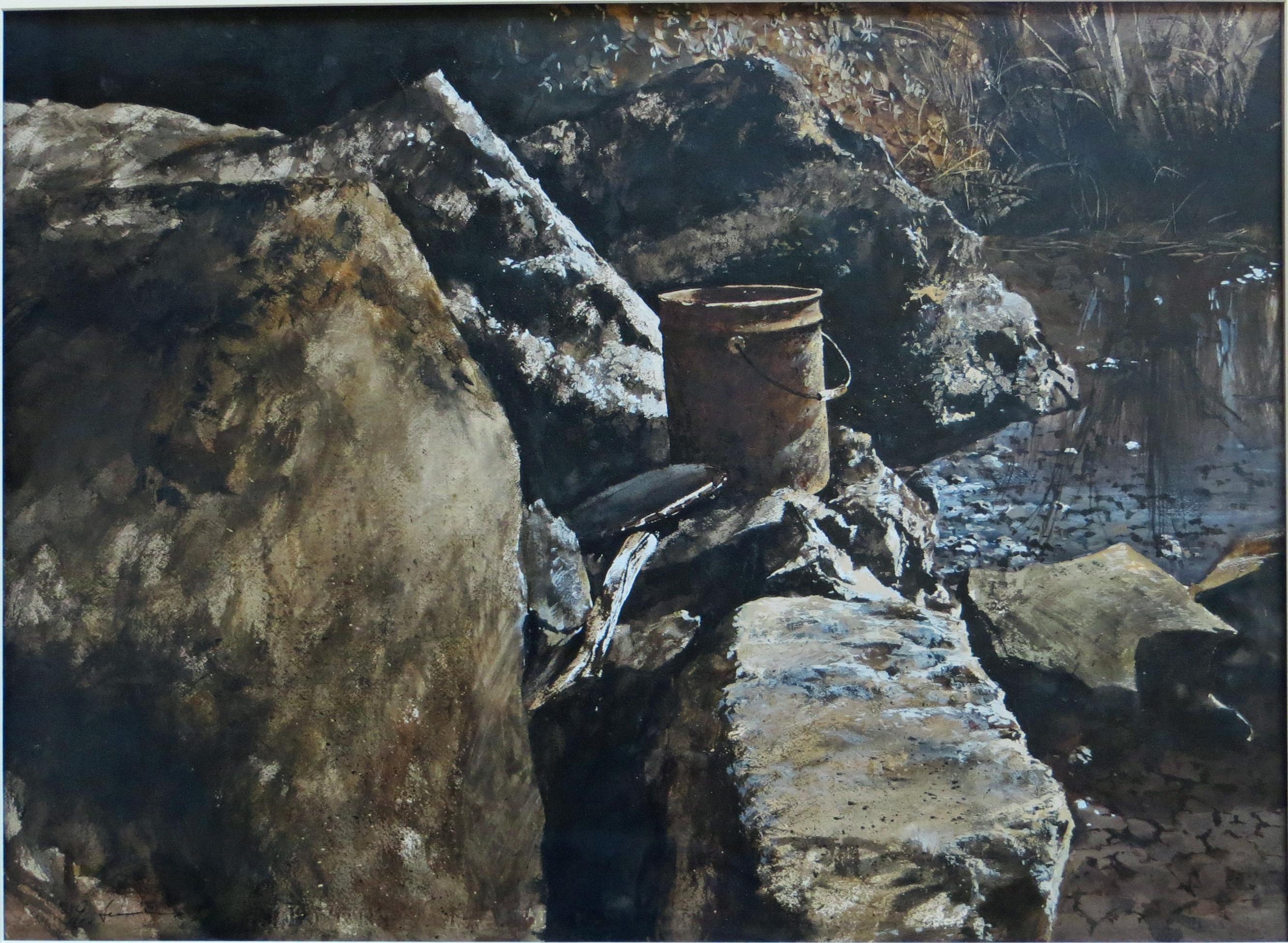 Pail, Boulders, Fluss, Strom  -amerikanischer Realismus (Amerikanischer Realismus), Painting, von Gregory Sumida