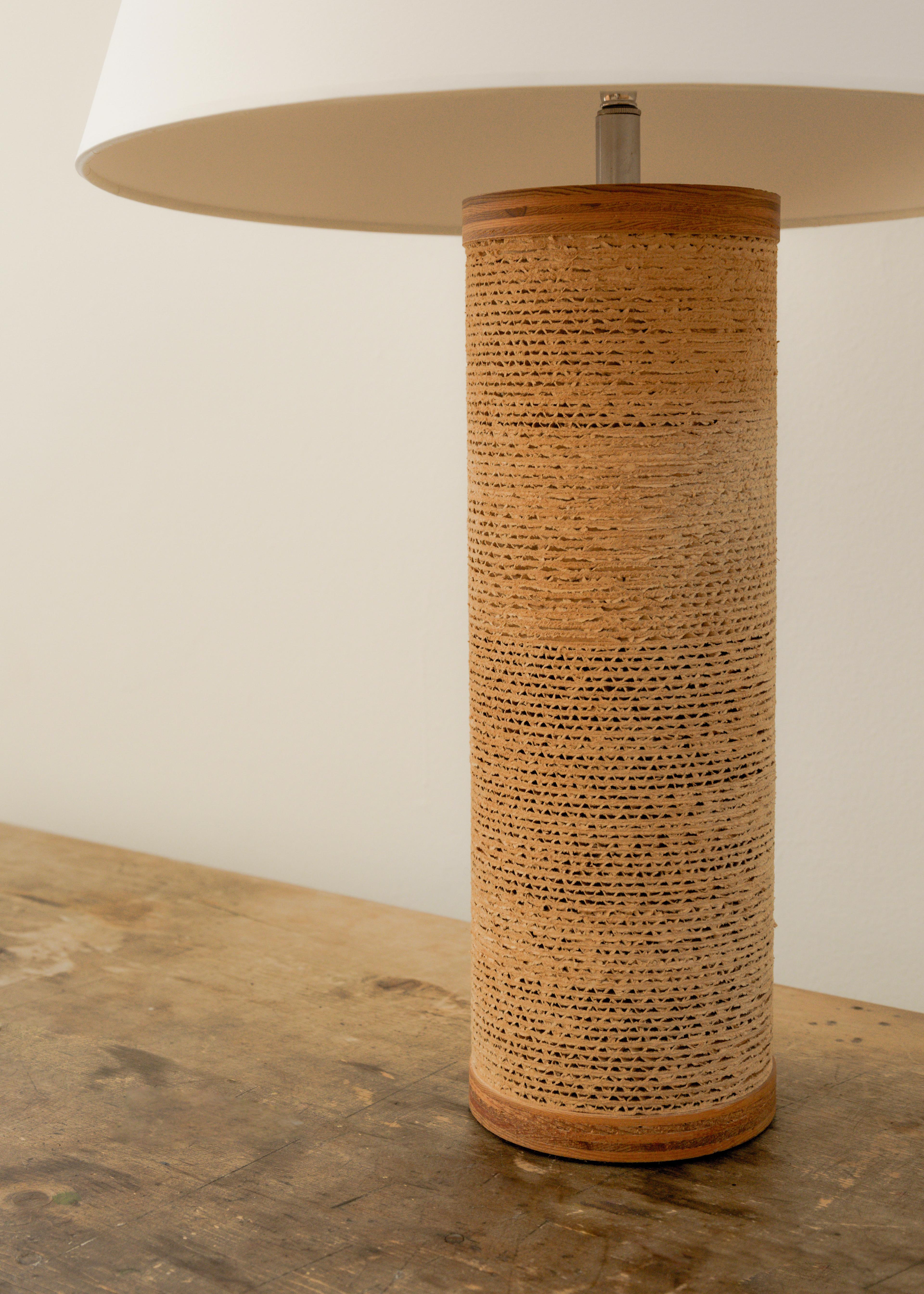 Corrugated cardboard base table lamp by Gregory Van Pelt, new wiring and shade, U.S., circa 1970's.