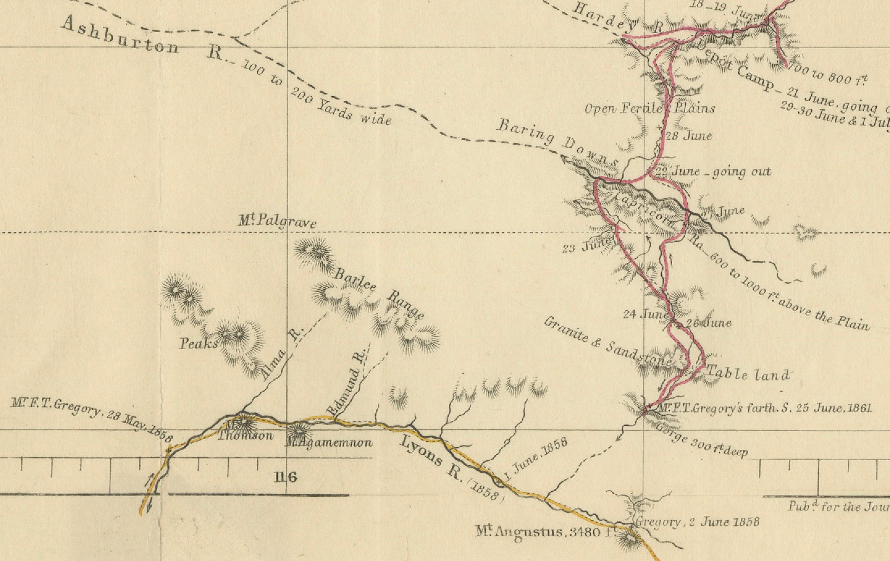 The map  represents the route taken during F.T. Gregory's 1861 North West Australian Expedition. 

This exploration was a significant journey that took place over the Pilbara region, starting from the Ashburton River and extending to the Dampier