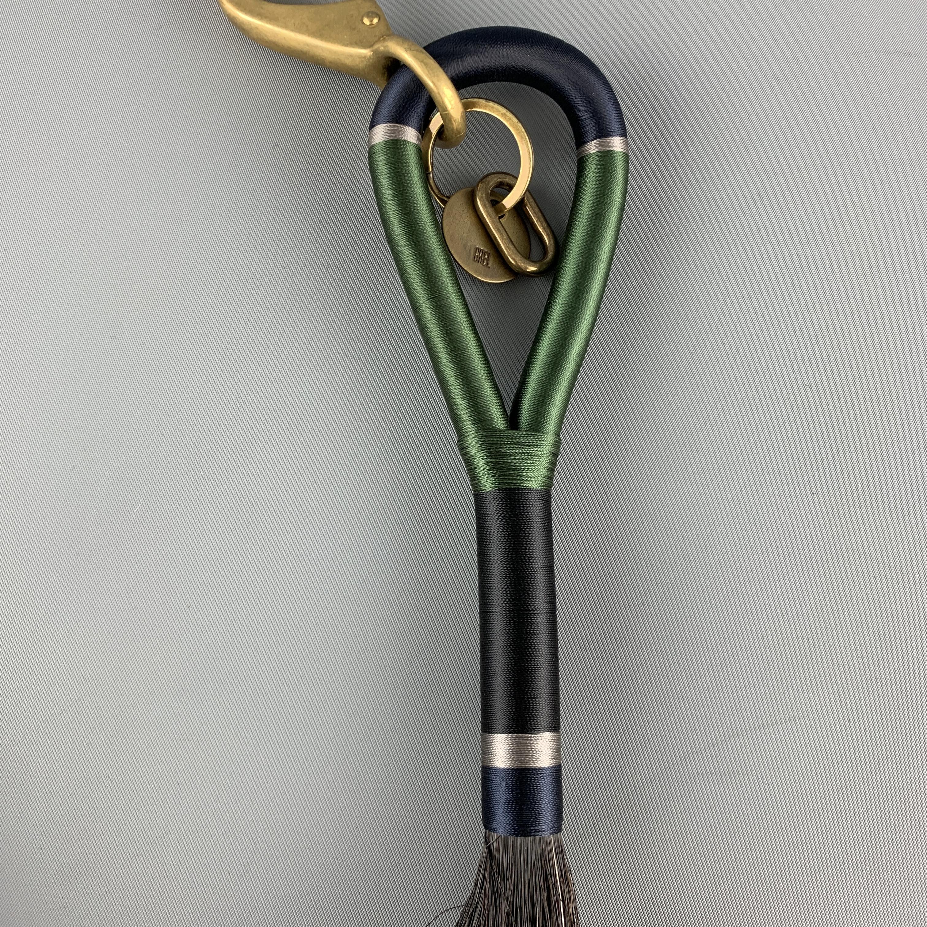 GREI Green & Navy Stripe Woven Horsehair Tassel Oversized Brass Key Chain 1