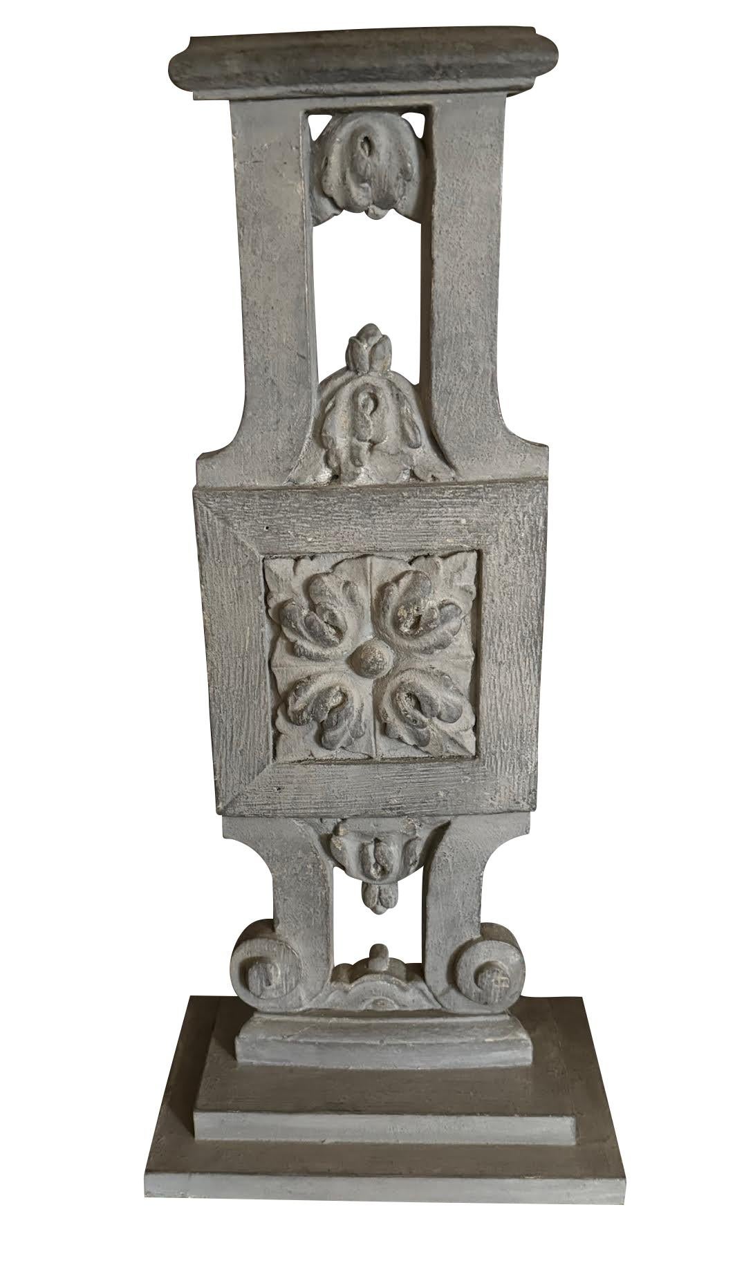1920's Belgian pair of lamps made from carved wood balustrades in the style of Louis XVI.
Rubbed greige stain.
Mounted on wooden stand measures  10