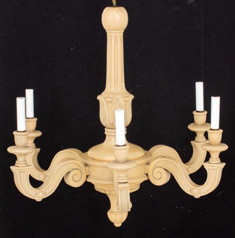 Greige-decorated wooden six light chandelier, in an abstracted early Georgian taste, with a baluster support issuing S-scrolling arms each supporting a candle light. 

Dealer: S138XX.