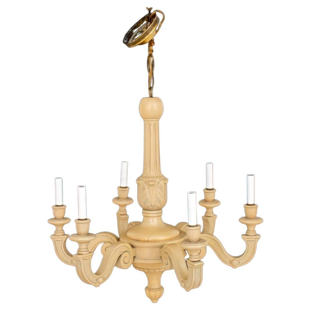 Greige-Decorated Wooden Six Light Chandelier For Sale