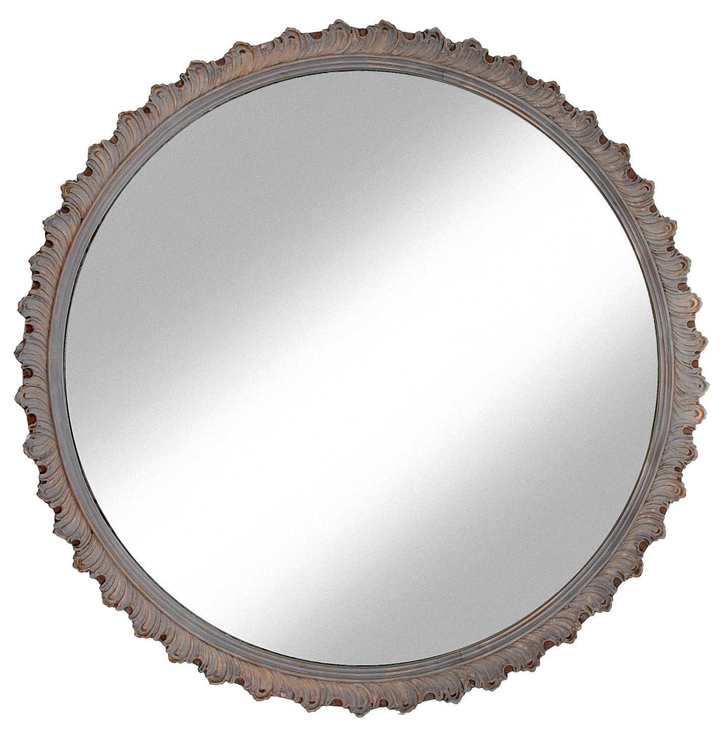 American Greige Round Gessoed Wood Mirror Accented in Gold For Sale