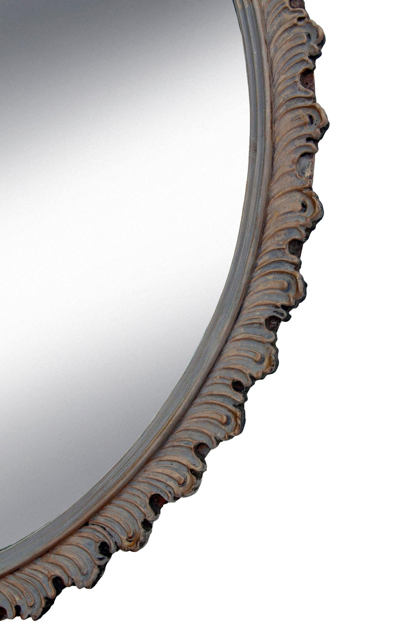 Hand-Painted Greige Round Gessoed Wood Mirror Accented in Gold For Sale