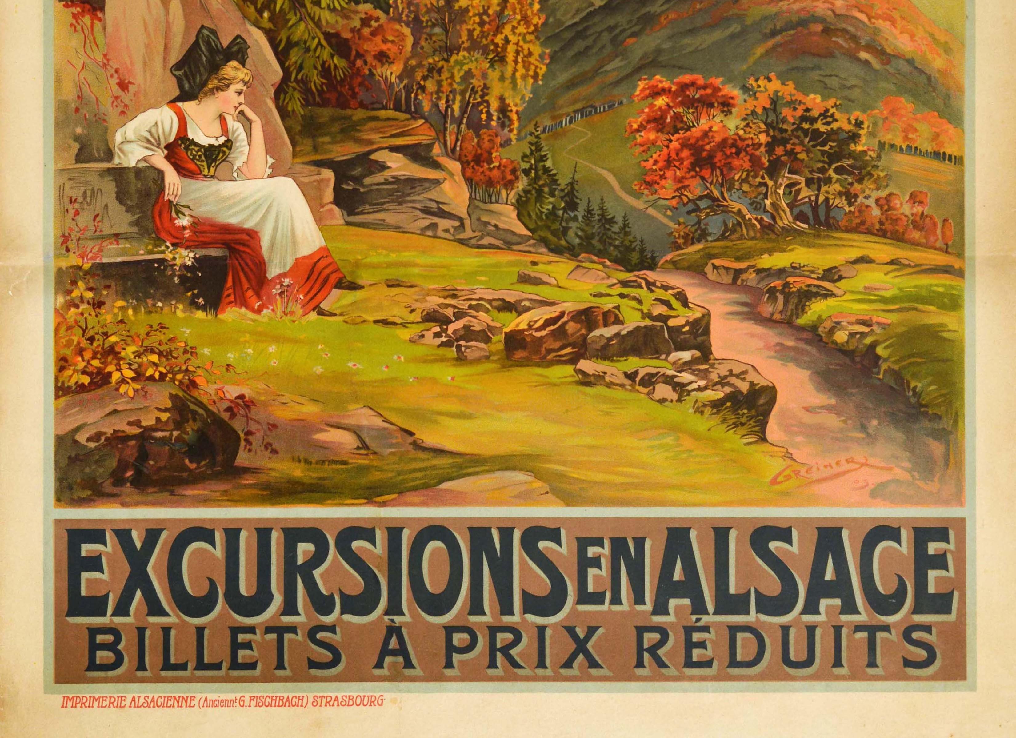 Original Antique Railway Travel Poster Alsace Excursions Chemins De Fer De L'Est - Brown Print by Greiner
