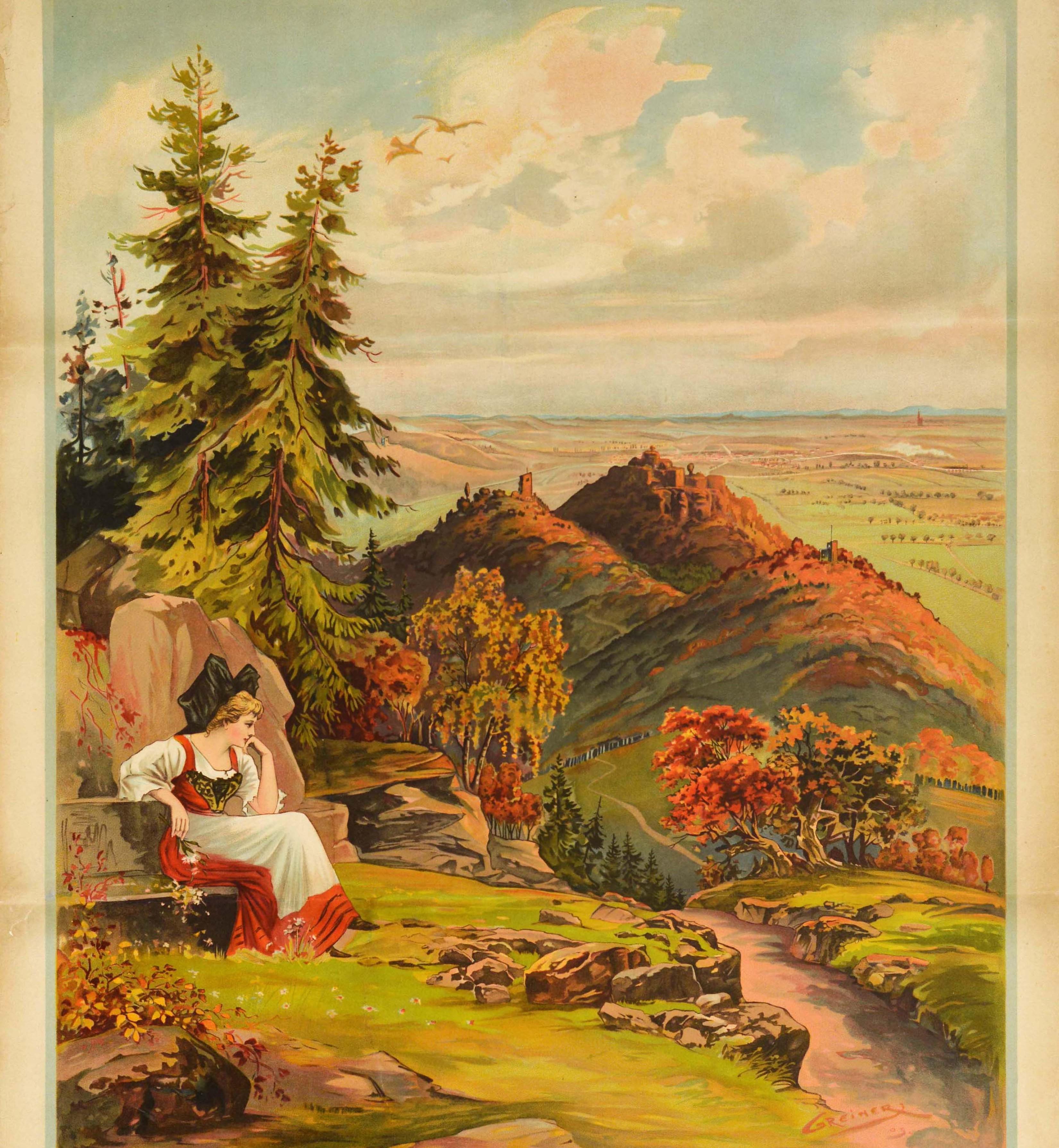 Original antique travel poster - Chemins de Fer de l'Est Excursions en Alsace billets a prix reduits / Eastern Railways Excursions in Alsace reduced tickets - featuring scenic artwork depicting a young lady in traditional dress sitting on rocks to