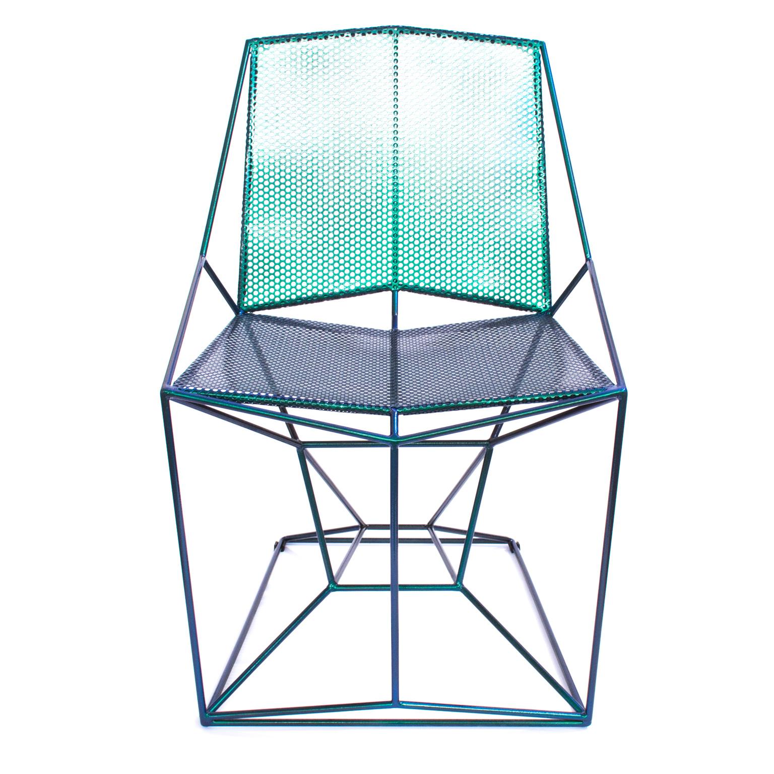 A this contemporary styled Grelha chair is structured only by a round steel bar, designed to be used both in the internal and external areas, in the seat and backrest are used perforated steel screen, which guarantees a light presence in the