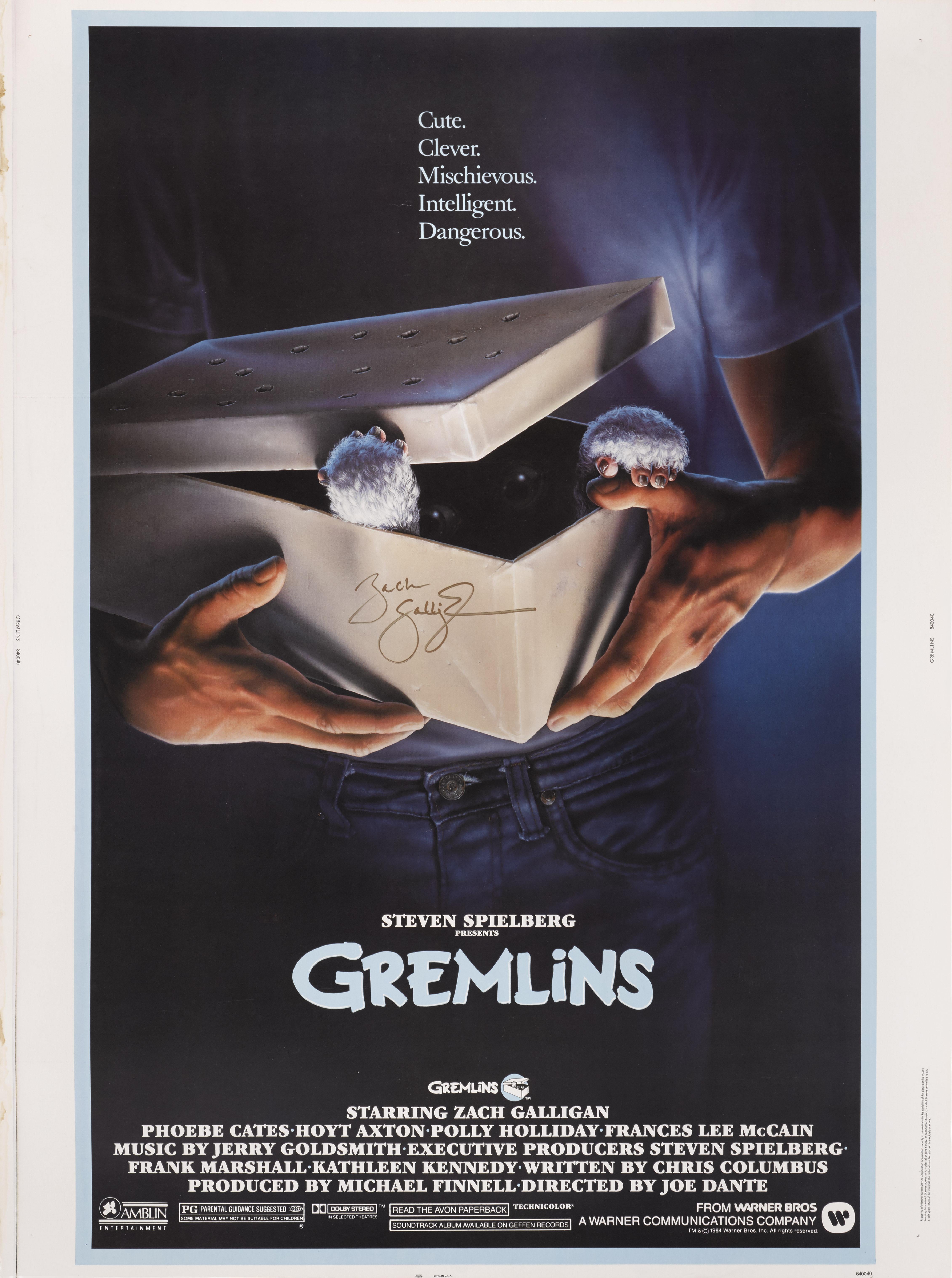 Affiche originale pour le film de 1984.
Cette comédie d'horreur a été écrite par Chris Columbus et réalisée par Joe Dante. Il raconte l'histoire d'un jeune homme qui reçoit une étrange créature comme animal de compagnie. Cette créature n'a que