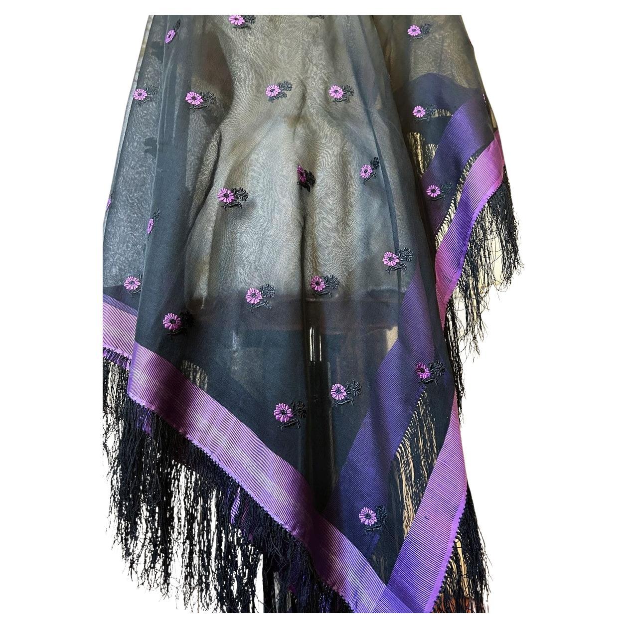 Grenadine silk shawl with brocaded purplish flowers - France Circa 1860