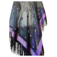 Antique Grenadine silk shawl with brocaded purplish flowers - France Circa 1860