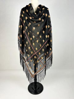 Grenadine silk shawl with red and gold brocaded borders - France Circa 1860