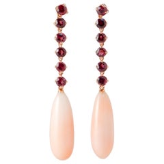 Grenat Rhodolite and Coral on Pink Gold 18 Carat Chandelier Earring