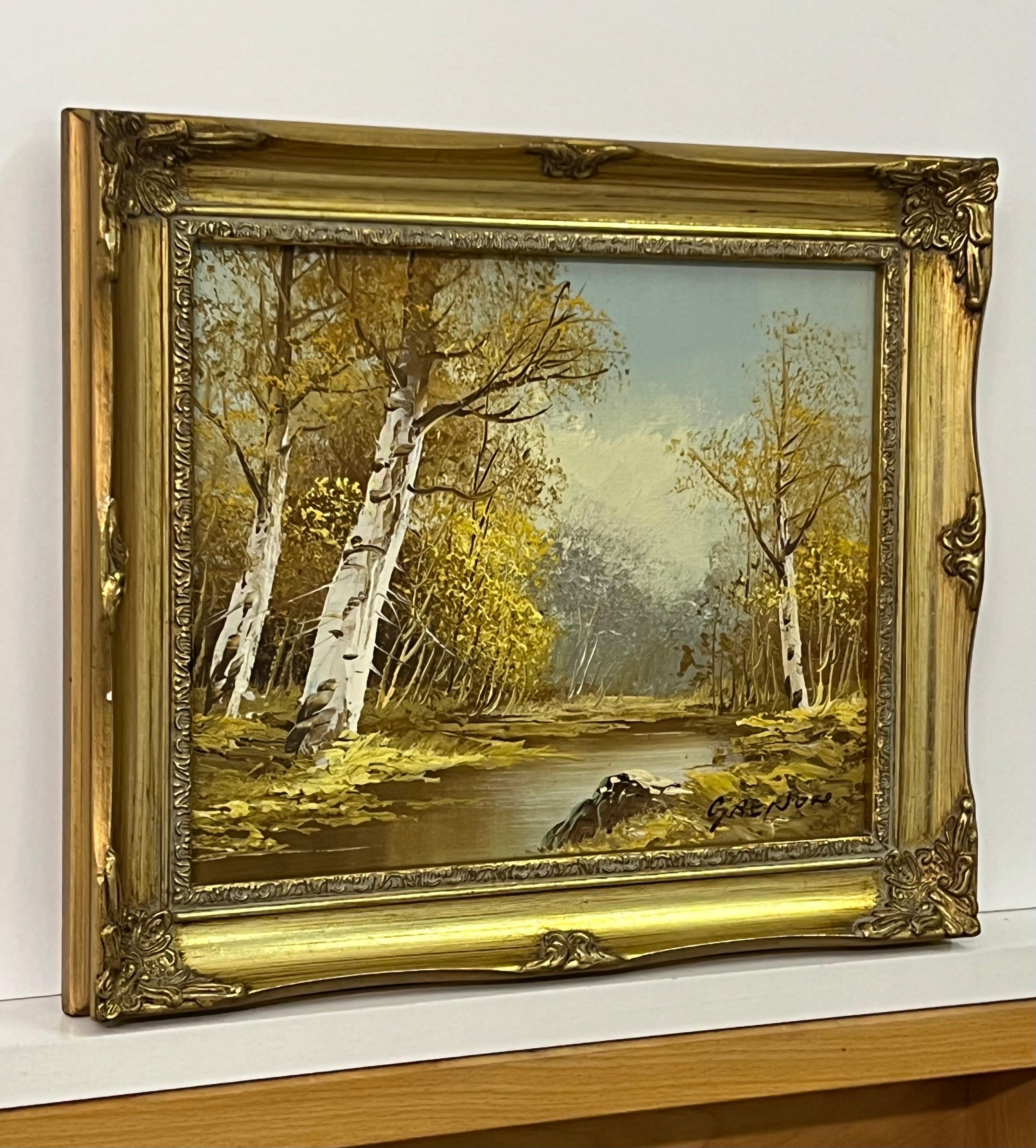Peinture à l'huile vintage du 20e siècle représentant un paysage fluvial avec des arbres de bouleau argenté - Painting de Grenon