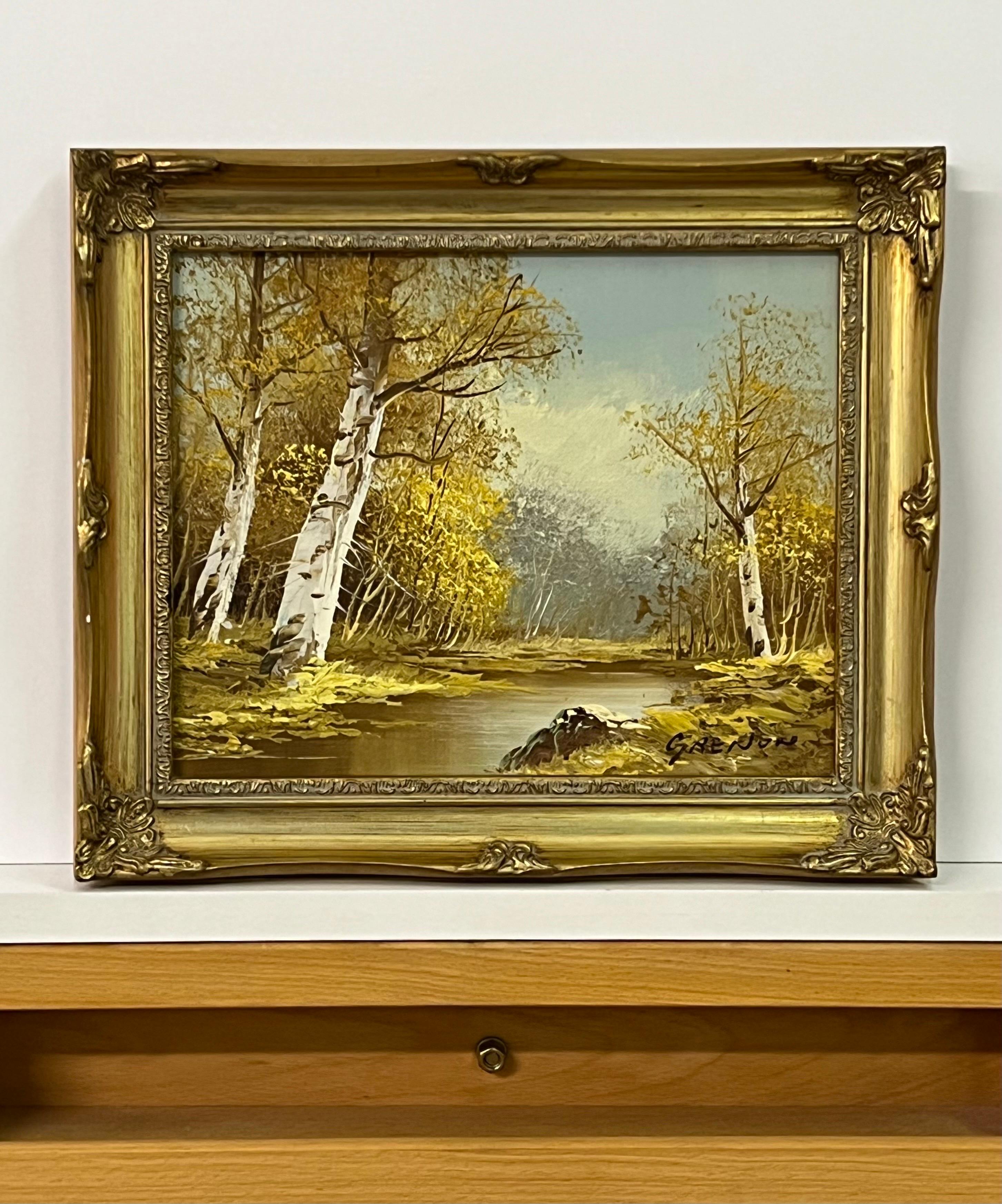 Peinture à l'huile vintage du 20e siècle représentant un paysage fluvial avec des arbres de bouleau argenté - Réalisme Painting par Grenon