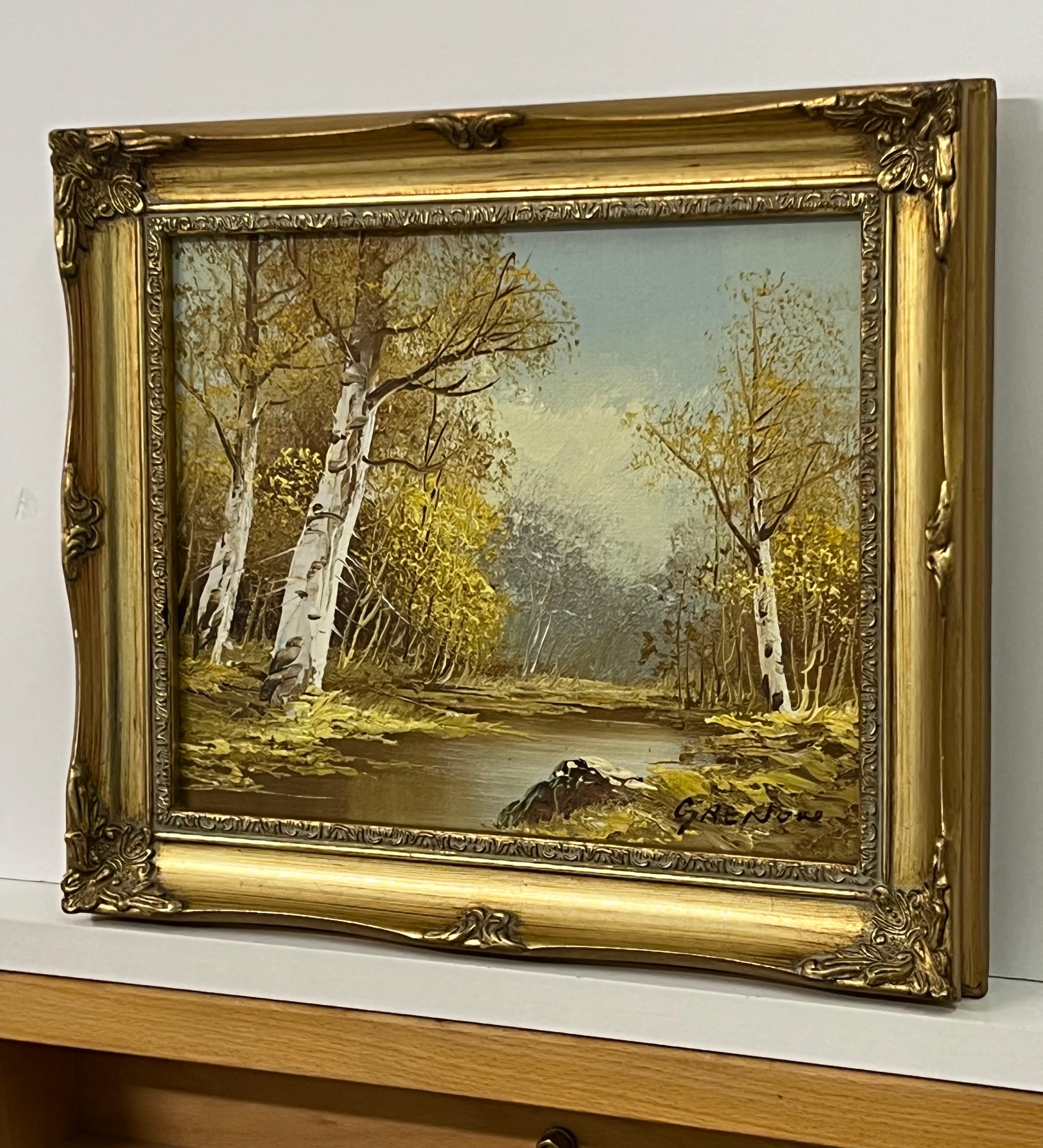 Peinture à l'huile vintage du 20e siècle représentant un paysage fluvial avec des arbres de bouleau argenté 

L'œuvre d'art mesure 10 x 8 pouces 
Le cadre mesure 12 x 10 pouces 

Présenté dans son cadre d'origine 