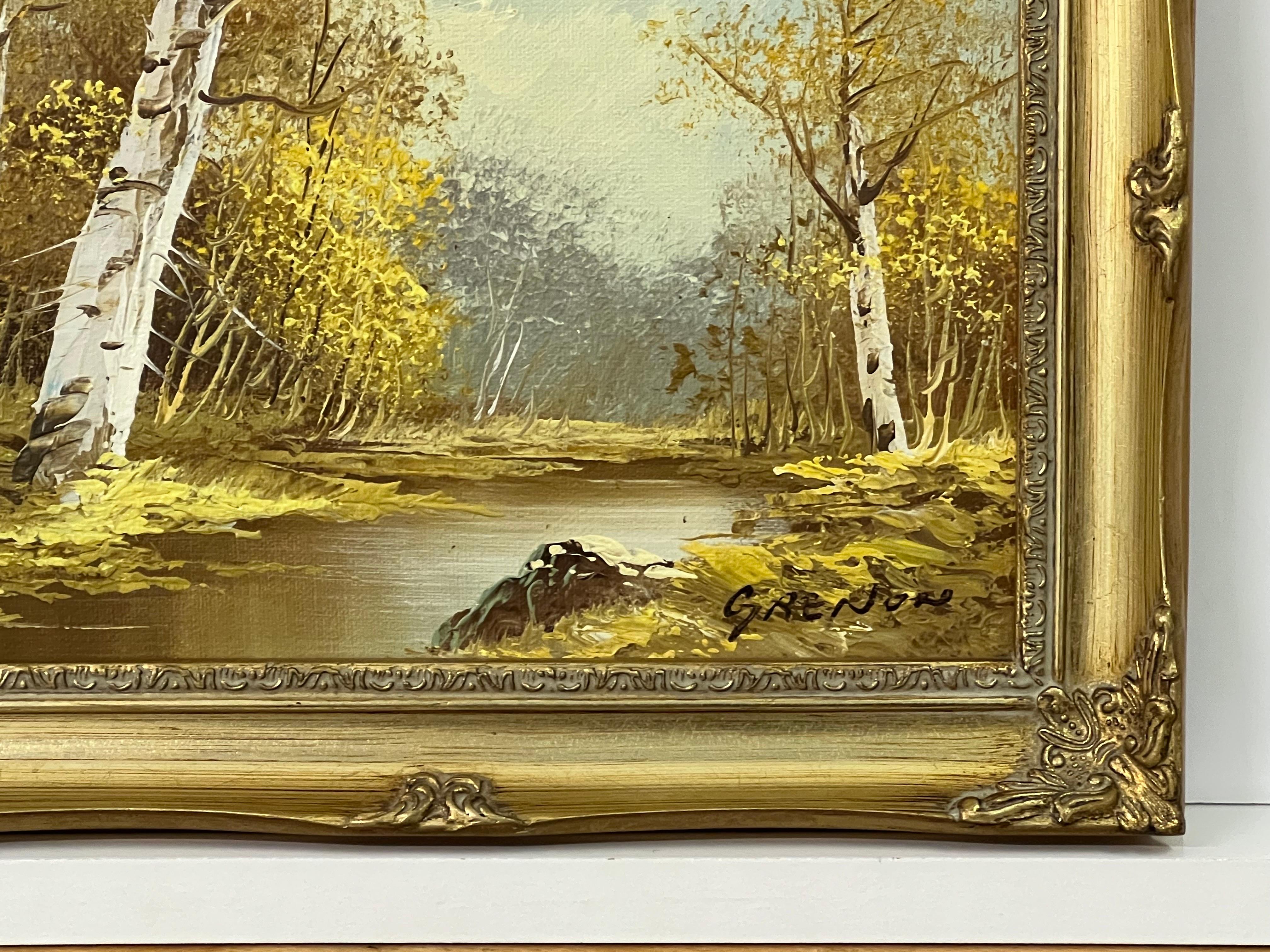 Peinture à l'huile vintage du 20e siècle représentant un paysage fluvial avec des arbres de bouleau argenté en vente 1
