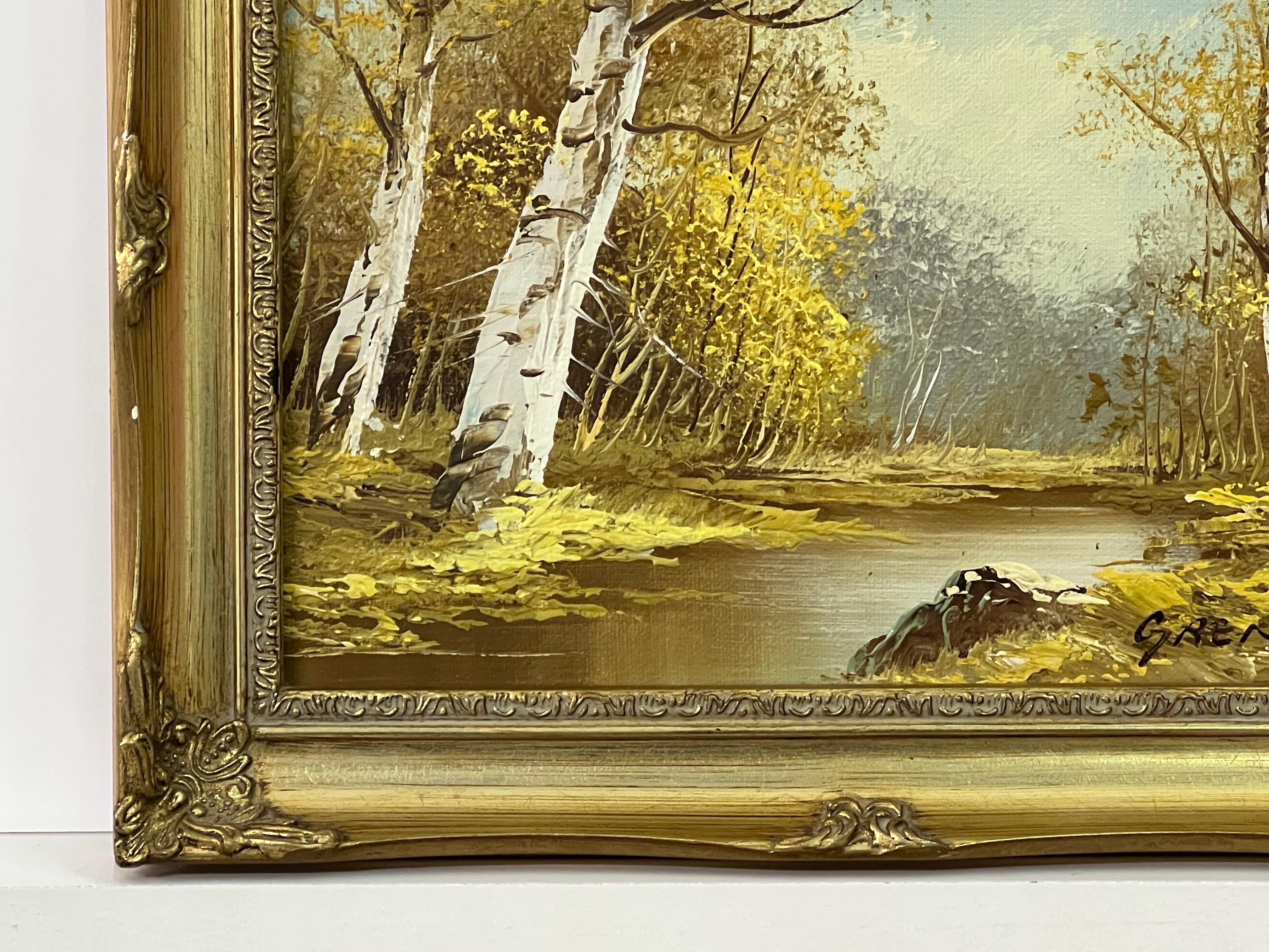 Peinture à l'huile vintage du 20e siècle représentant un paysage fluvial avec des arbres de bouleau argenté en vente 2