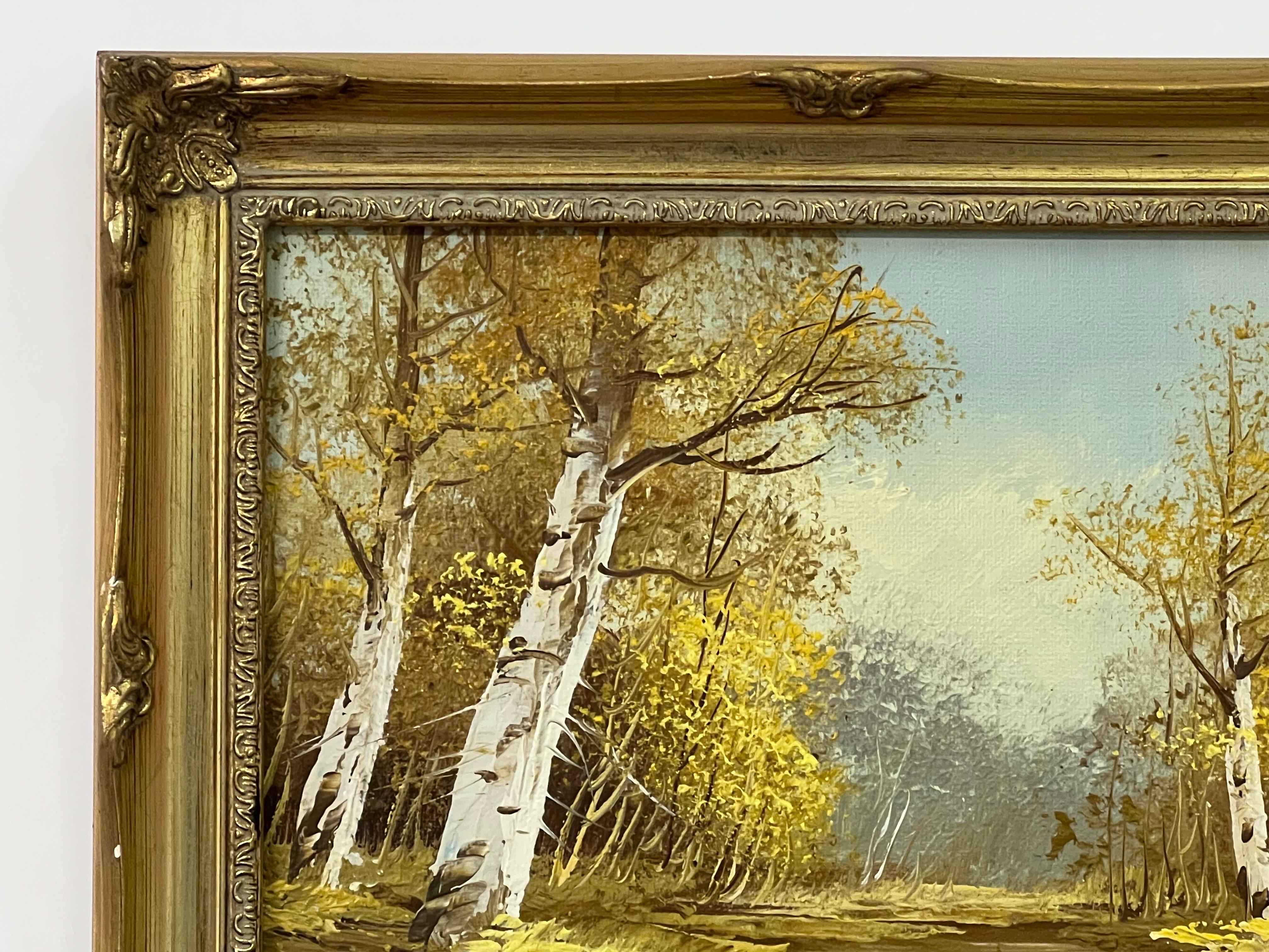 Peinture à l'huile vintage du 20e siècle représentant un paysage fluvial avec des arbres de bouleau argenté en vente 3
