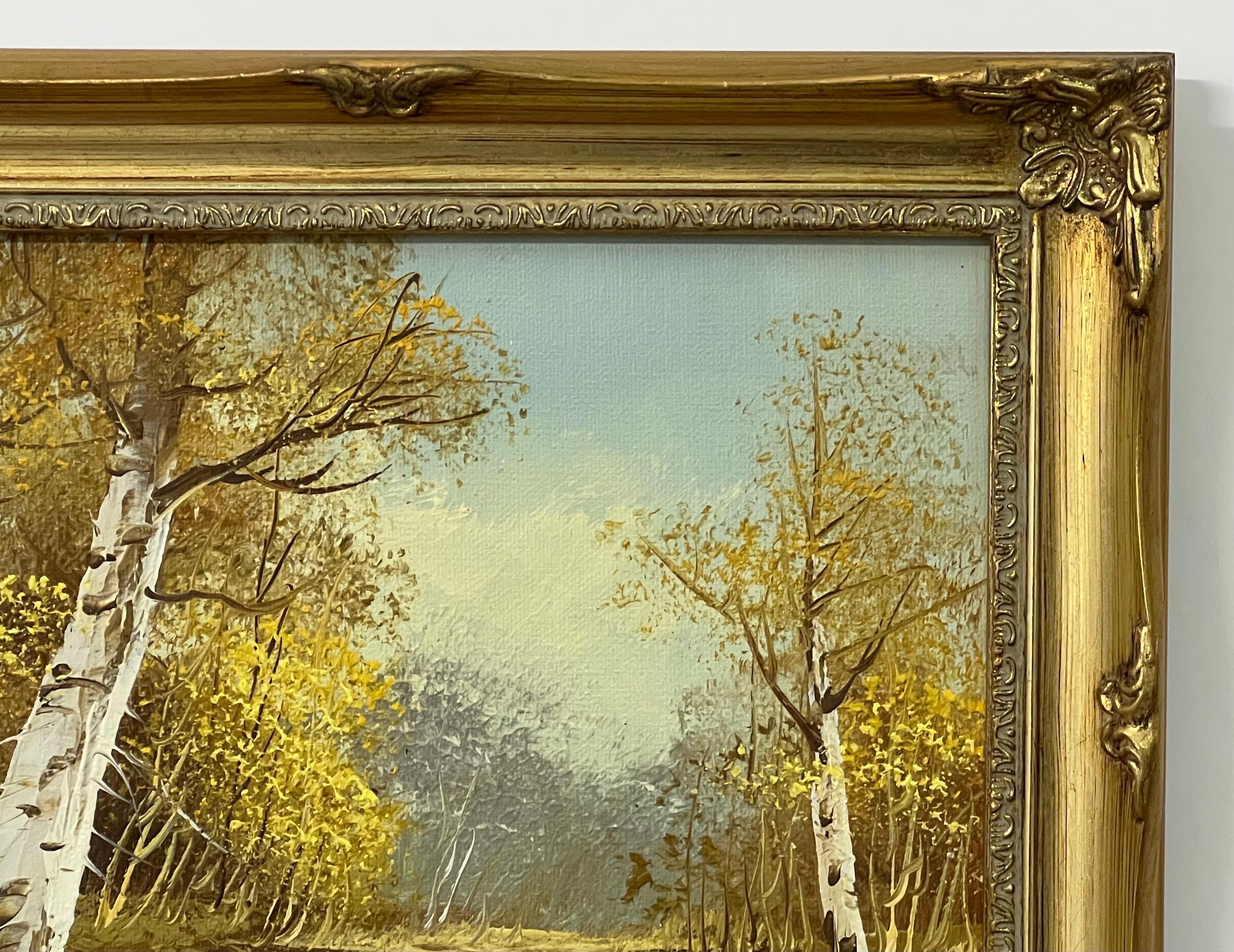 Peinture à l'huile vintage du 20e siècle représentant un paysage fluvial avec des arbres de bouleau argenté en vente 4