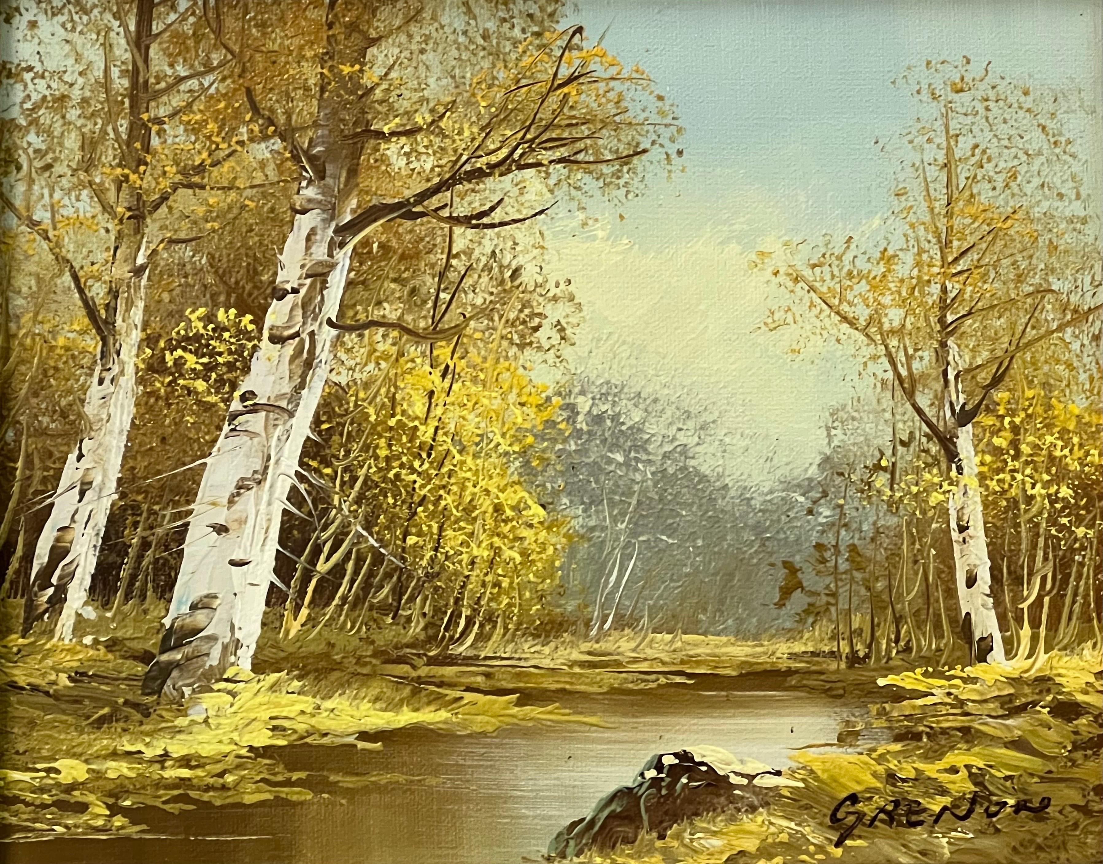 Peinture à l'huile vintage du 20e siècle représentant un paysage fluvial avec des arbres de bouleau argenté en vente 5