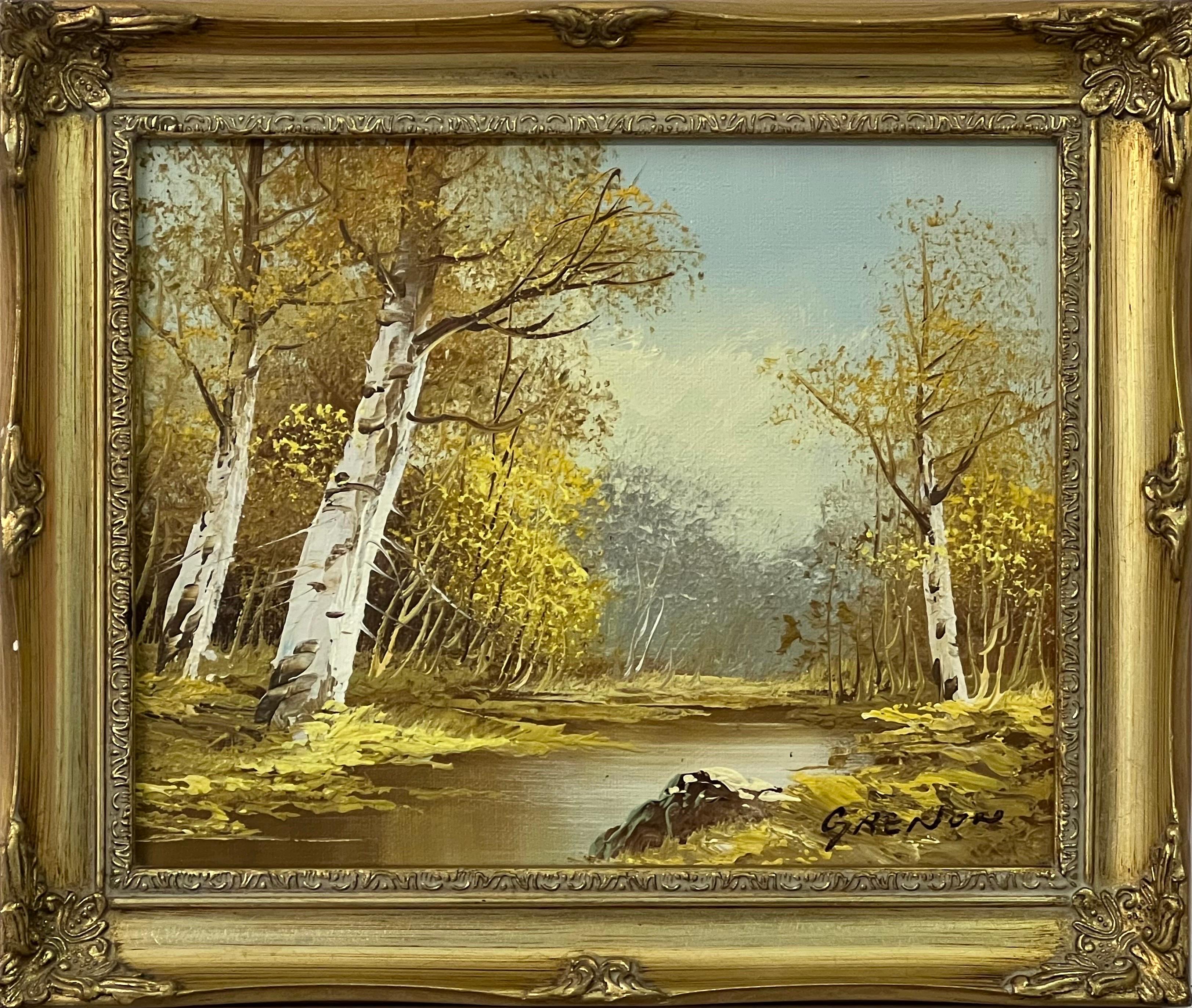 Figurative Painting Grenon - Peinture à l'huile vintage du 20e siècle représentant un paysage fluvial avec des arbres de bouleau argenté