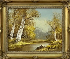 Vintage-Ölgemälde einer Flusslandschaft mit silbernen Birkenbäumen, Vintage, 20. Jahrhundert