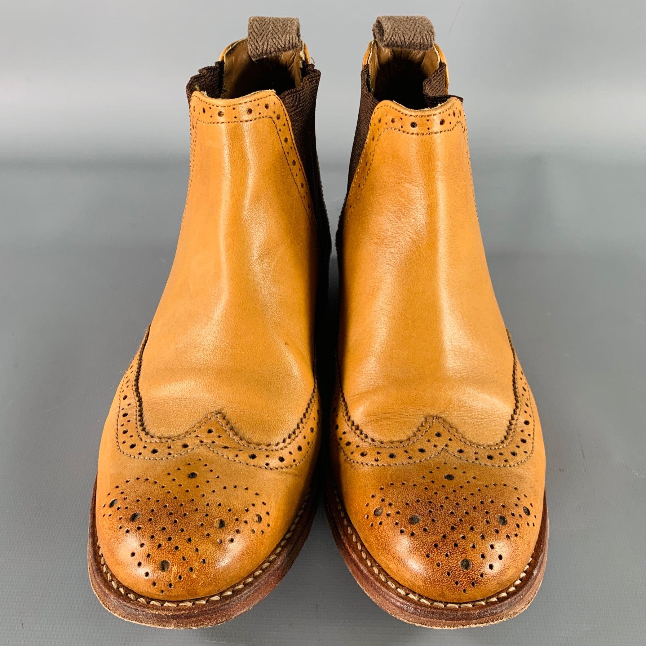 GRENSON Size 7 Beige Leather Perforated Wingtip Chelsea Boots In Excellent Condition In San Francisco, CA