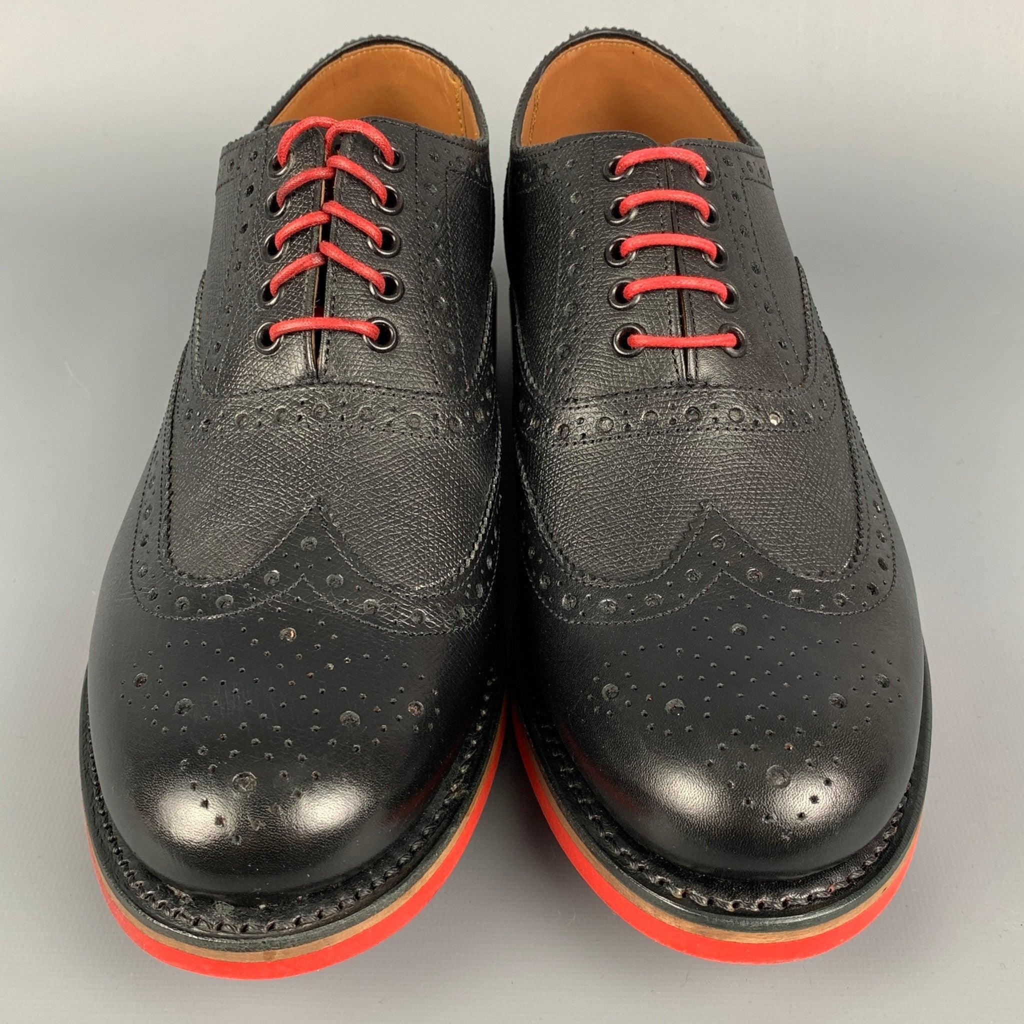 Men's GRENSON Size 8.5 Black Red Perforated Leather Wingtip Lace-Up Shoes For Sale