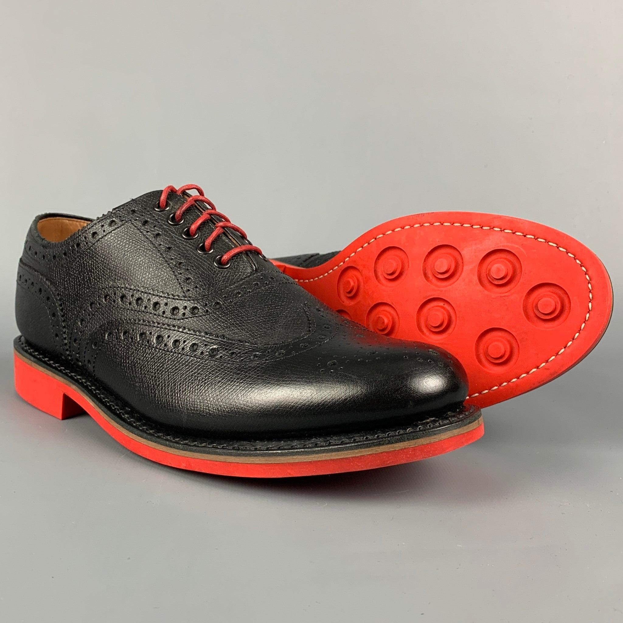 GRENSON Size 8.5 Black Red Perforated Leather Wingtip Lace-Up Shoes For Sale 1