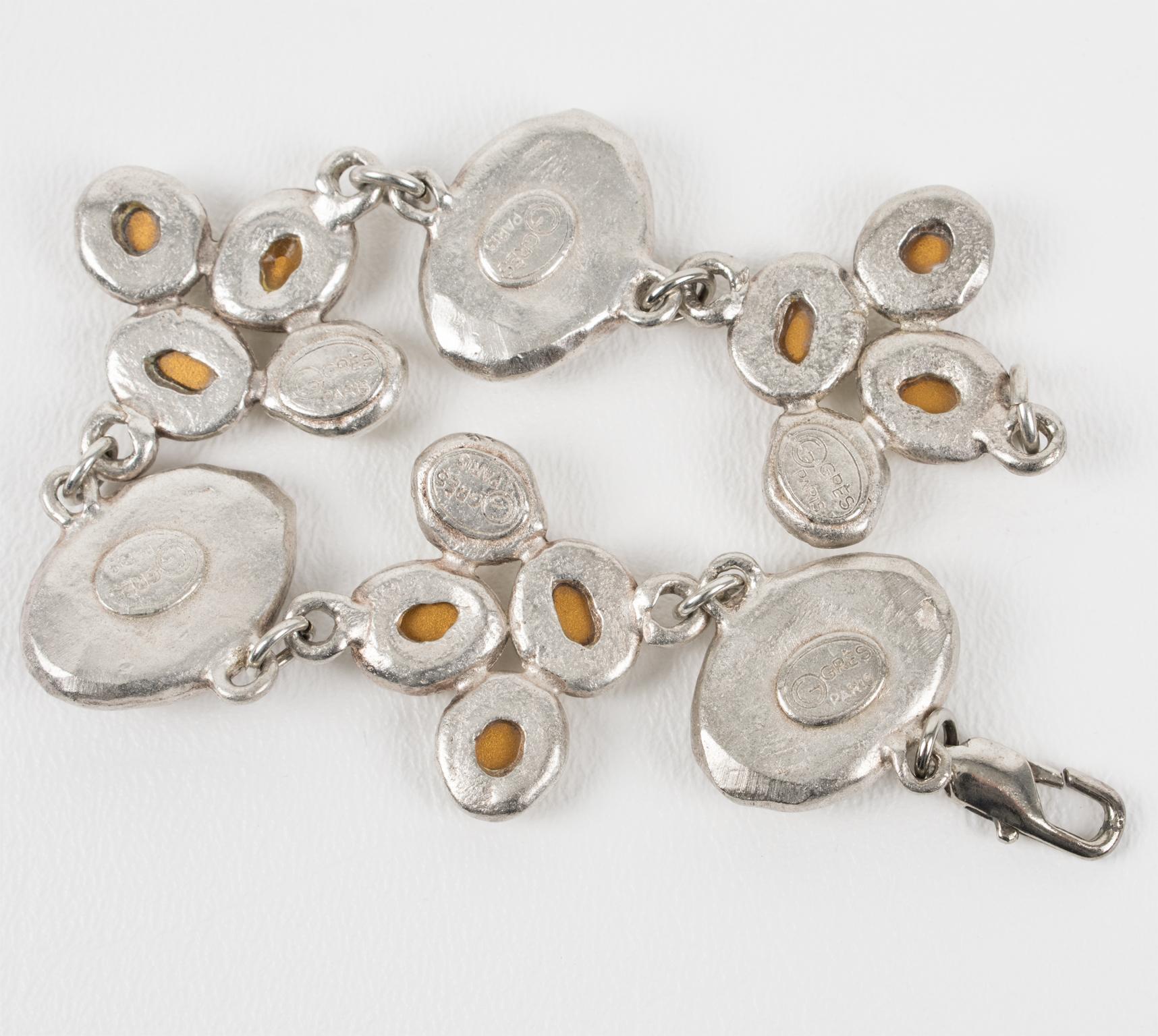 Madame Gres París Pulsera de eslabones plateados con cabujones de cristal esmerilado en venta 1