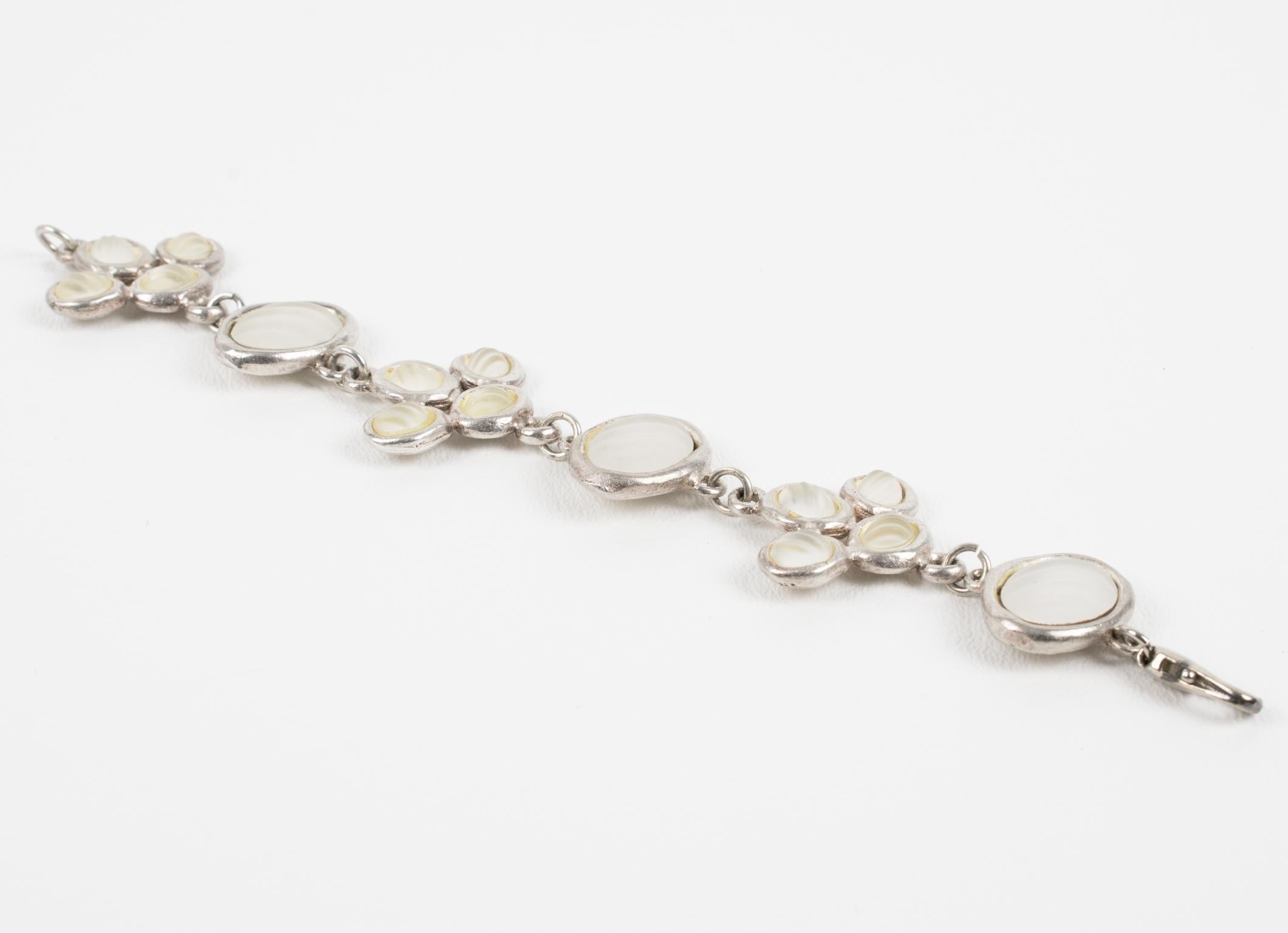 Modernist Gres Paris Link Bracelet Silvered Metal with Frosted Glass Cabochons For Sale
