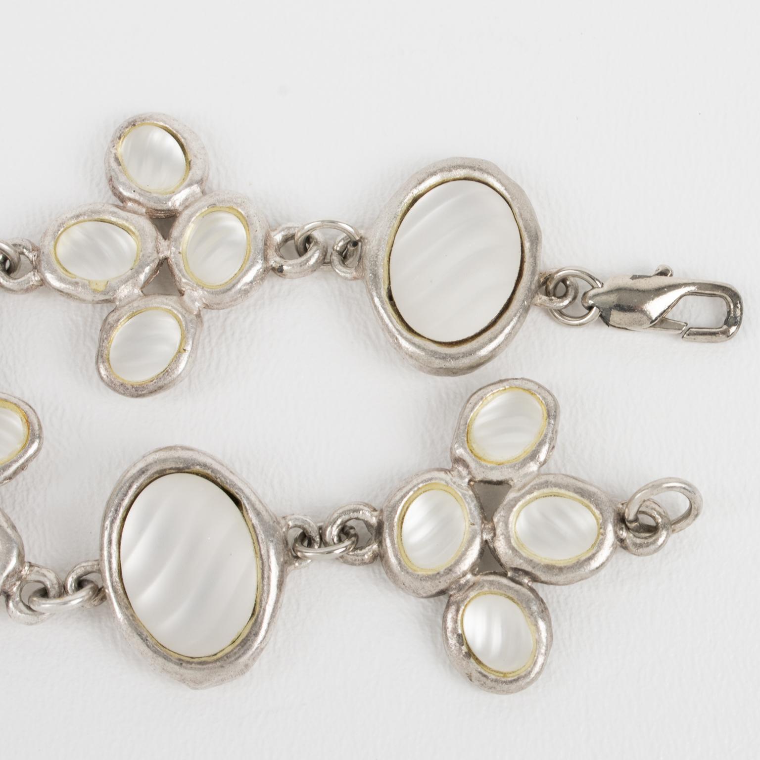 Women's or Men's Gres Paris Link Bracelet Silvered Metal with Frosted Glass Cabochons For Sale