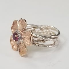 "Gresah" signature 14 Karat Rose Gold Flower with a Ruby and Diamond Halo
