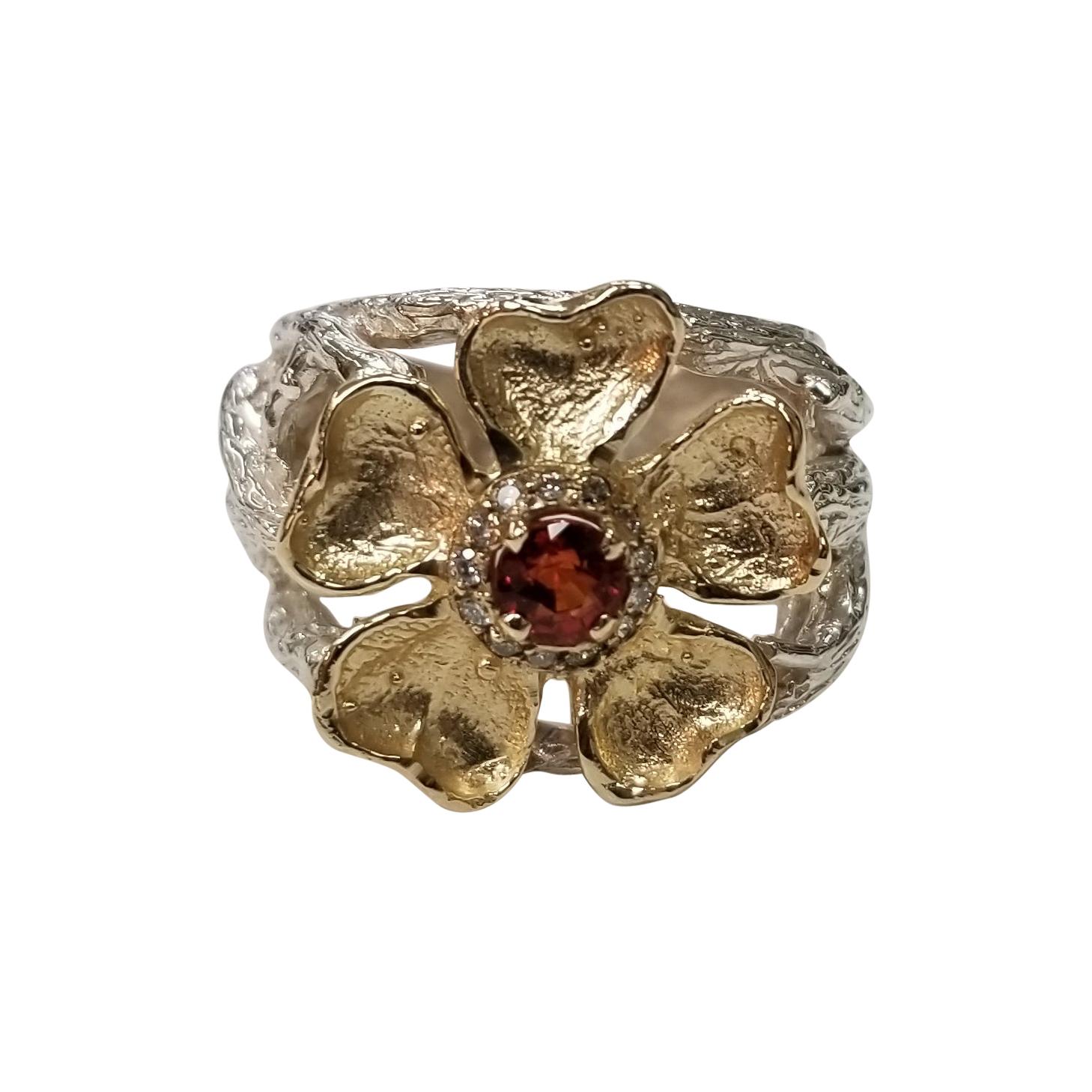 Gresha 14 Karat Gold Flower and Vine Orange Sapphire Weighing and Diamond Ring For Sale
