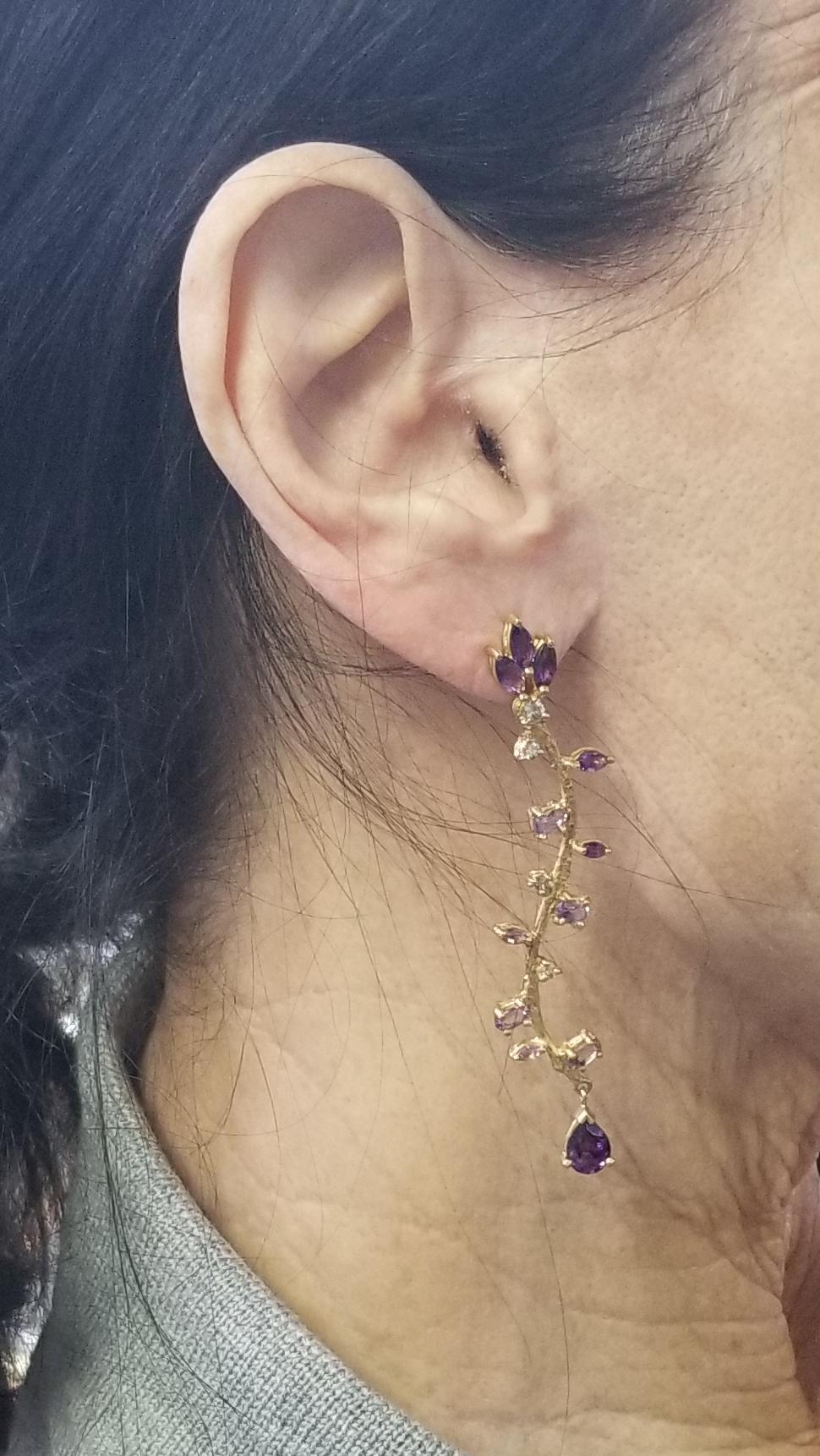 Gresha 14 Karat Yellow Gold Amethyst and Diamond Dangle Earrings For Sale 3