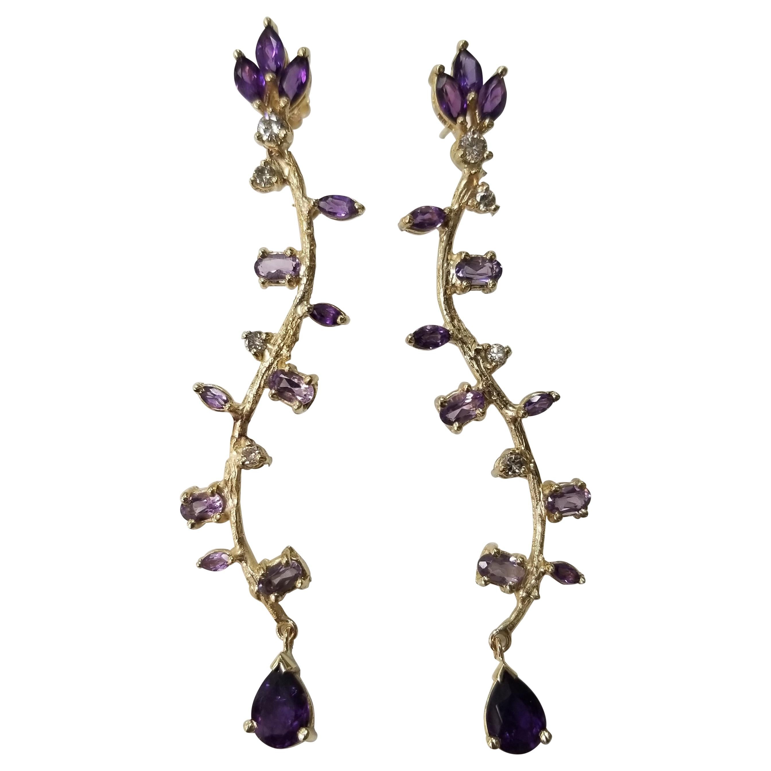 Gresha 14 Karat Yellow Gold Amethyst and Diamond Dangle Earrings