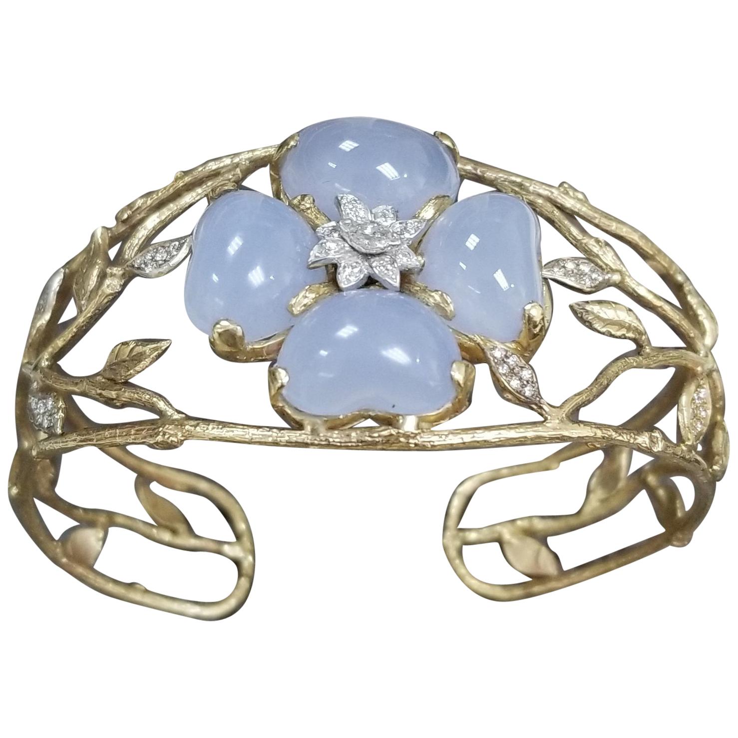 "Gresha" 14K Gold w 4 Heart Shape Cut Cabochon Blue Chalcedony Weighing 29.05ct For Sale
