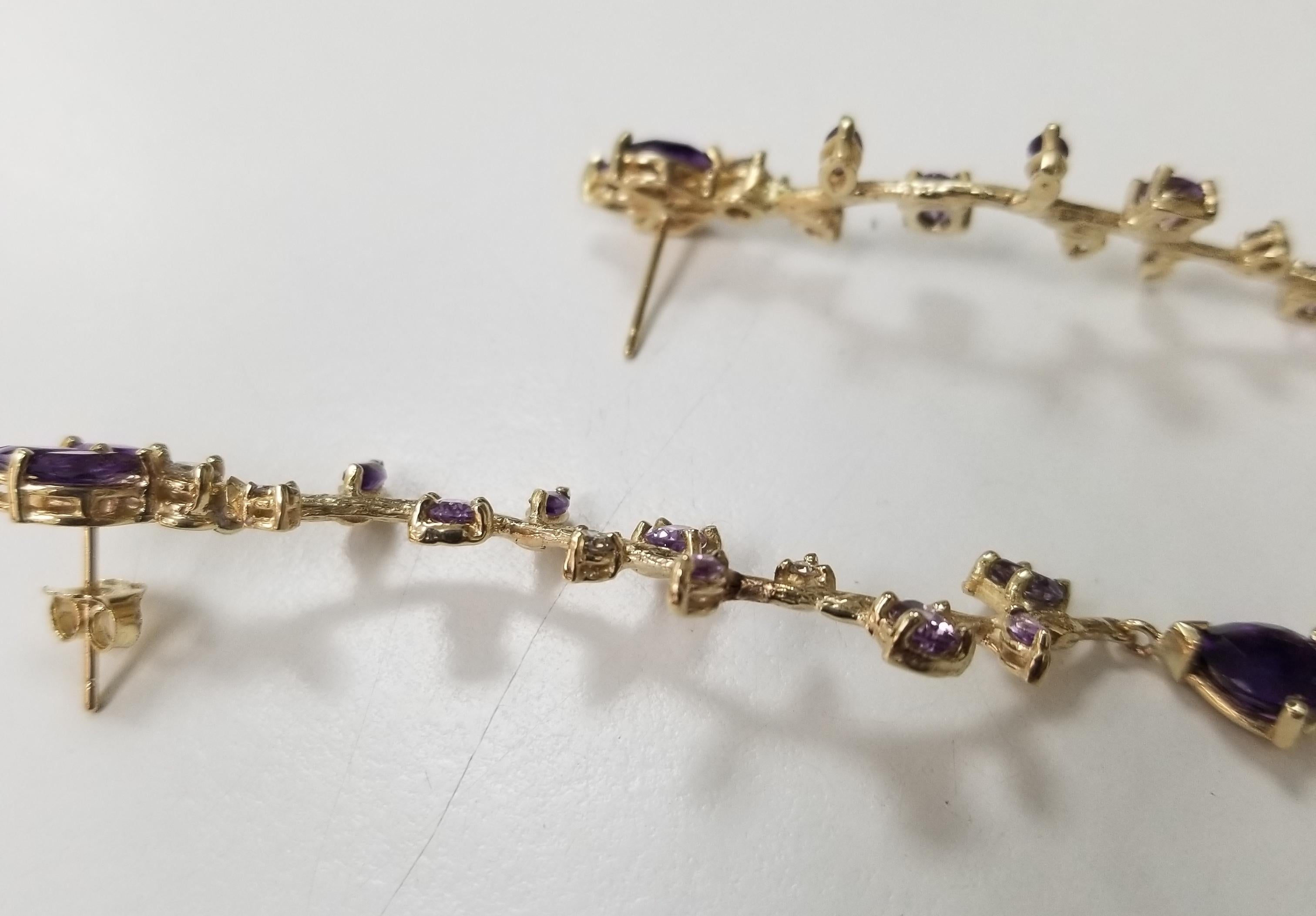 Artisan Gresha 14 Karat Yellow Gold Amethyst and Diamond Dangle Earrings For Sale