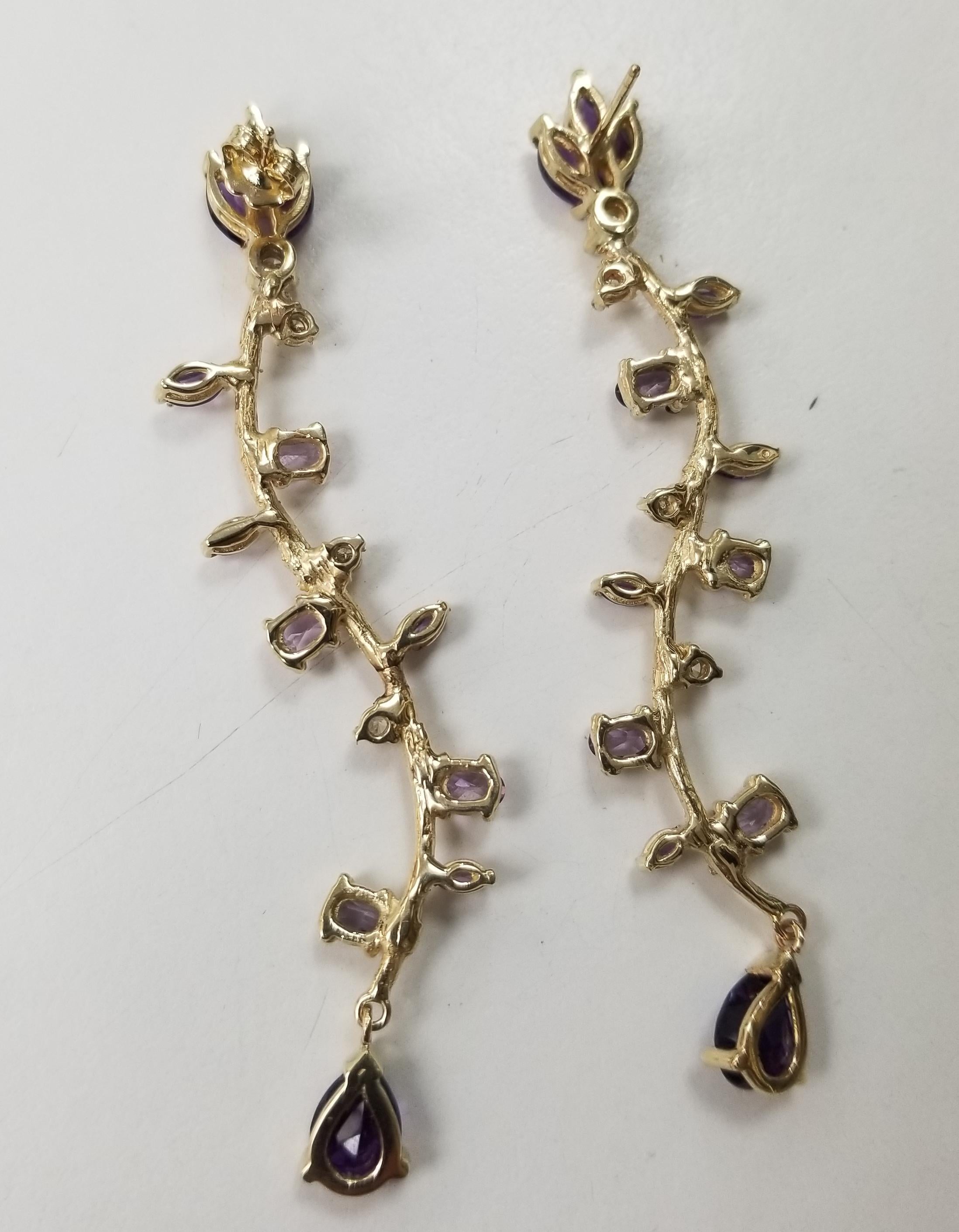 Round Cut Gresha 14 Karat Yellow Gold Amethyst and Diamond Dangle Earrings For Sale
