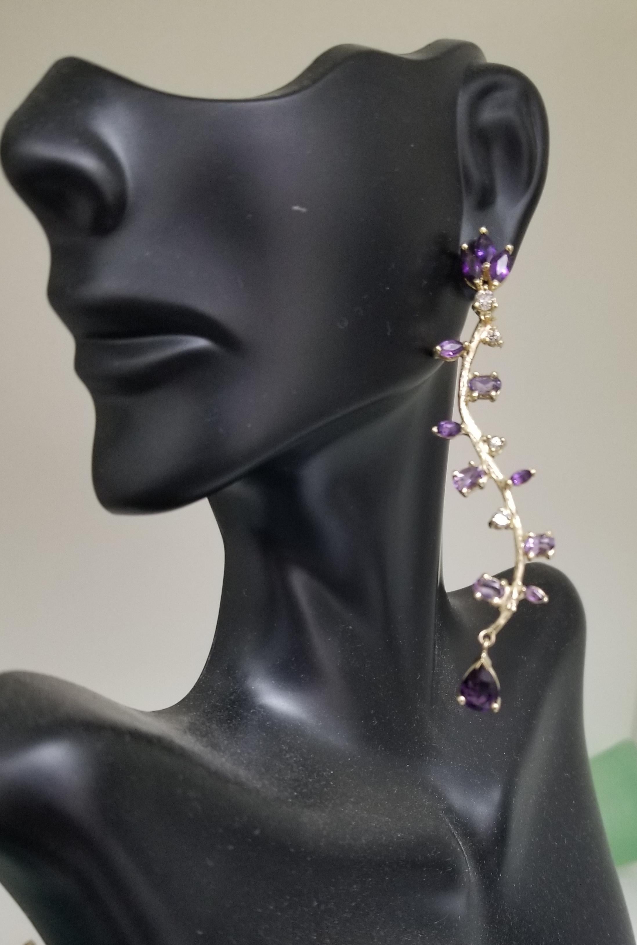 Women's or Men's Gresha 14 Karat Yellow Gold Amethyst and Diamond Dangle Earrings For Sale