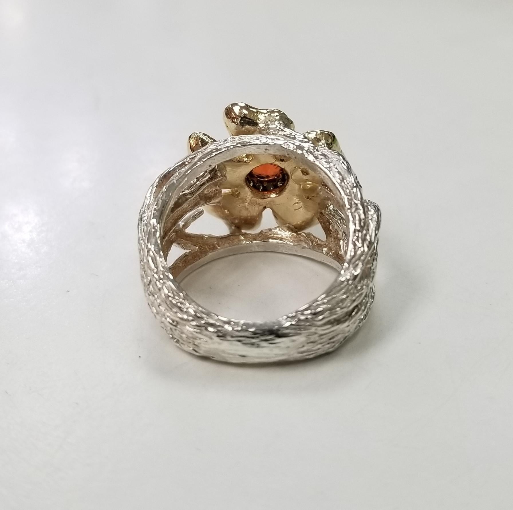 Round Cut Gresha 14 Karat Gold Flower and Vine Orange Sapphire Weighing and Diamond Ring For Sale